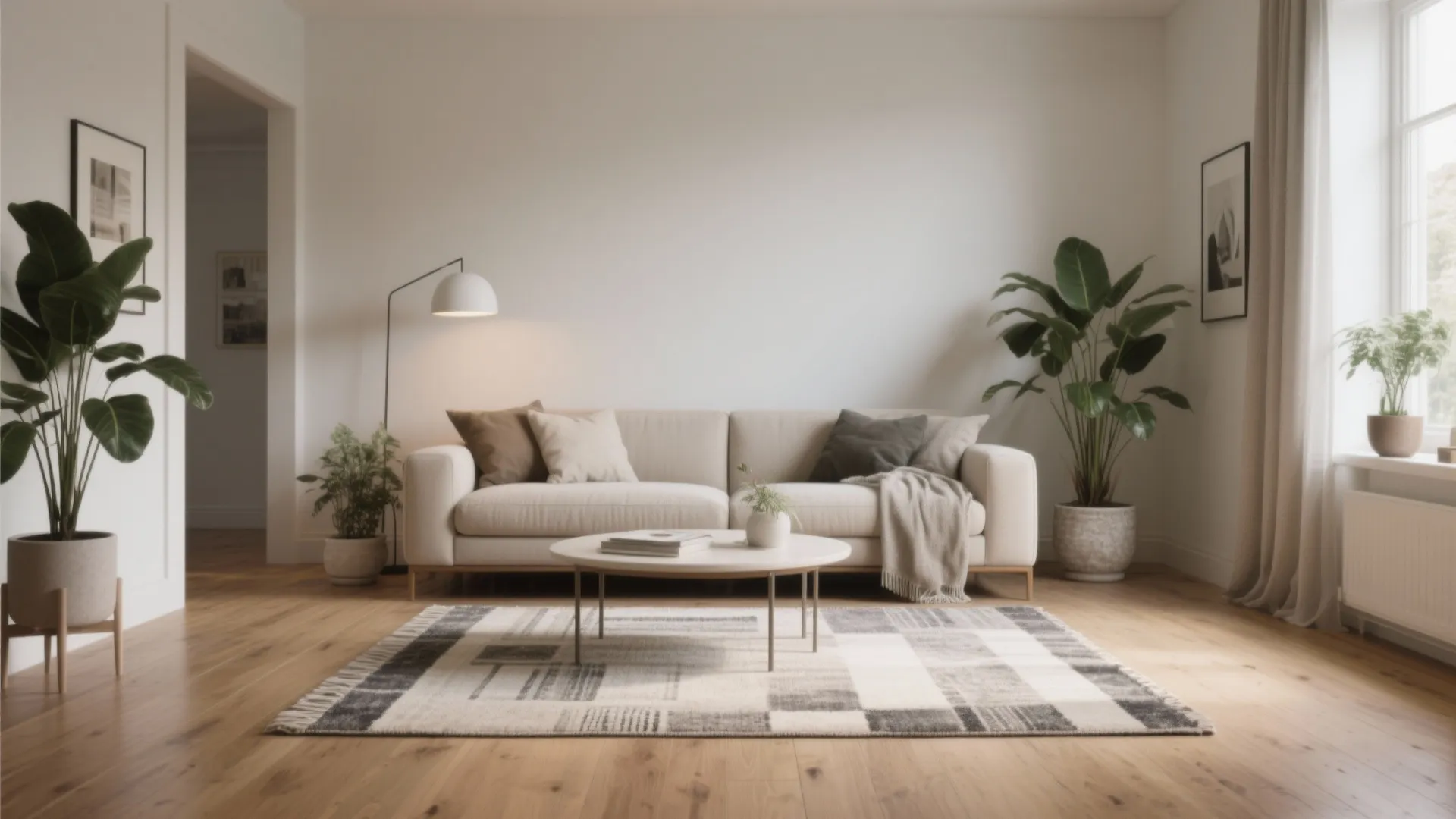 Modern living room featuring cream sofa with patterned rug on wood floor and white walls