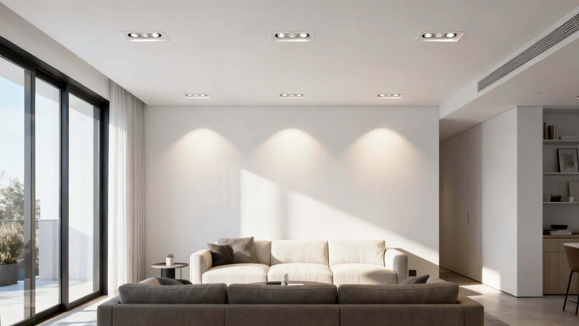 Ceiling view showing 4- and 5-inch recessed trims creating broad, even pools of ambient light over a living area.