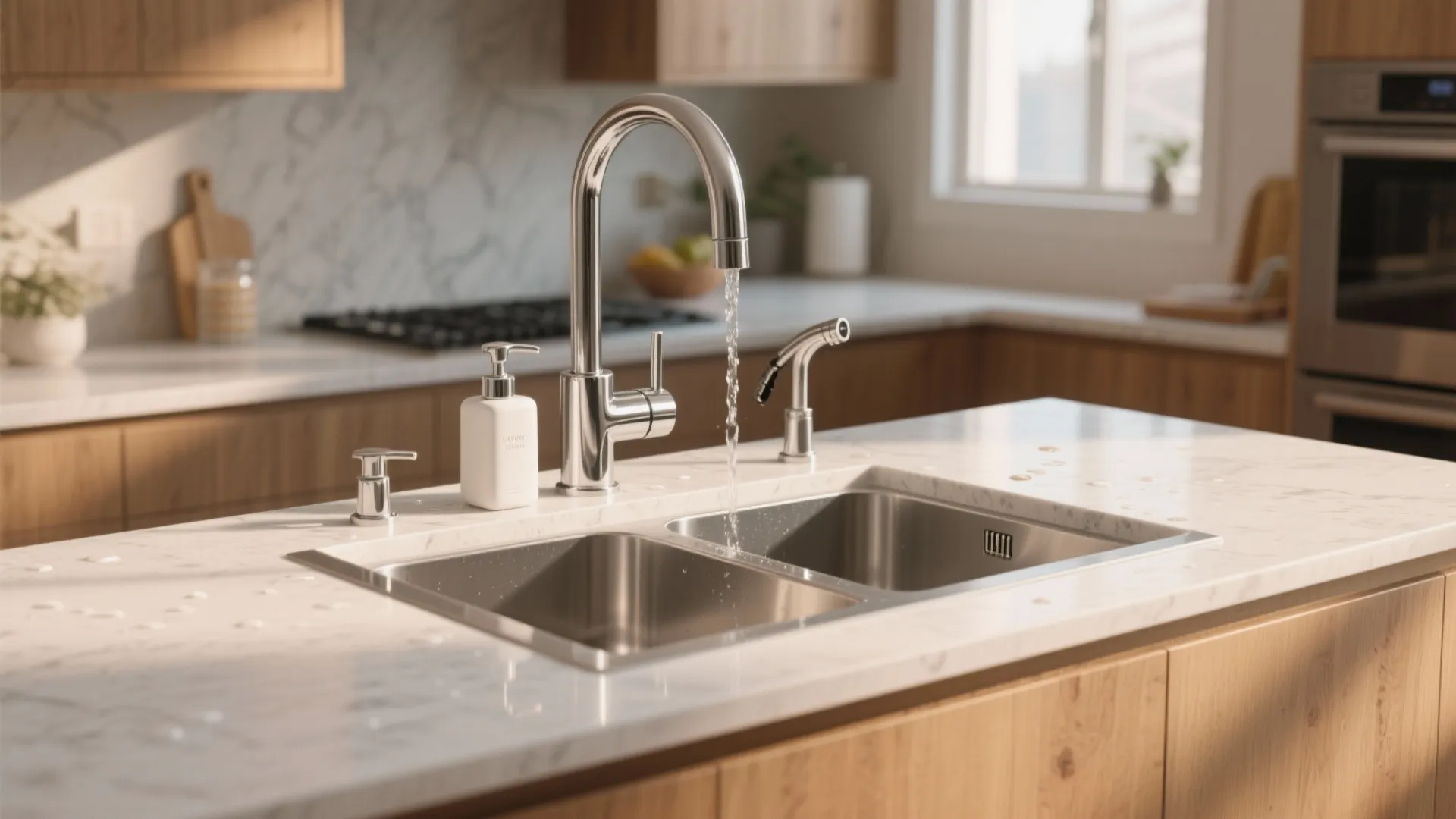 Modern kitchen island featuring a chrome faucet with four holes on a white marble stone countertop