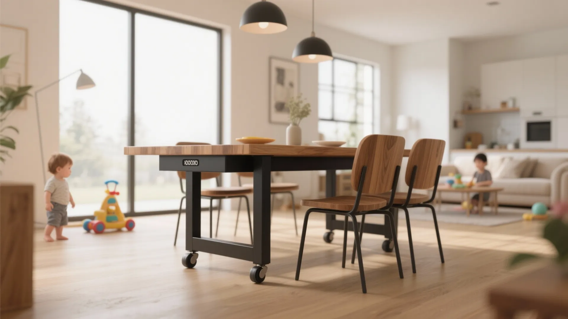 Dining room with wooden table on wheels black chairs two ceiling lights and open kitchen