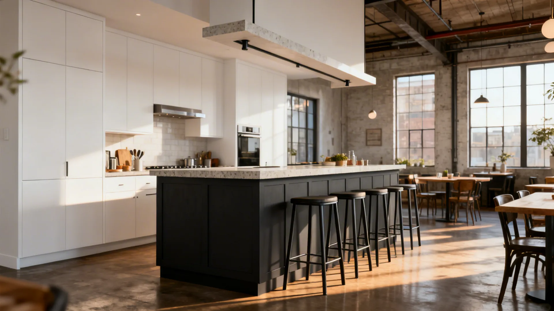 Contemporary loft kitchen with a 42-inch bar-height peninsula and slim tall stools.