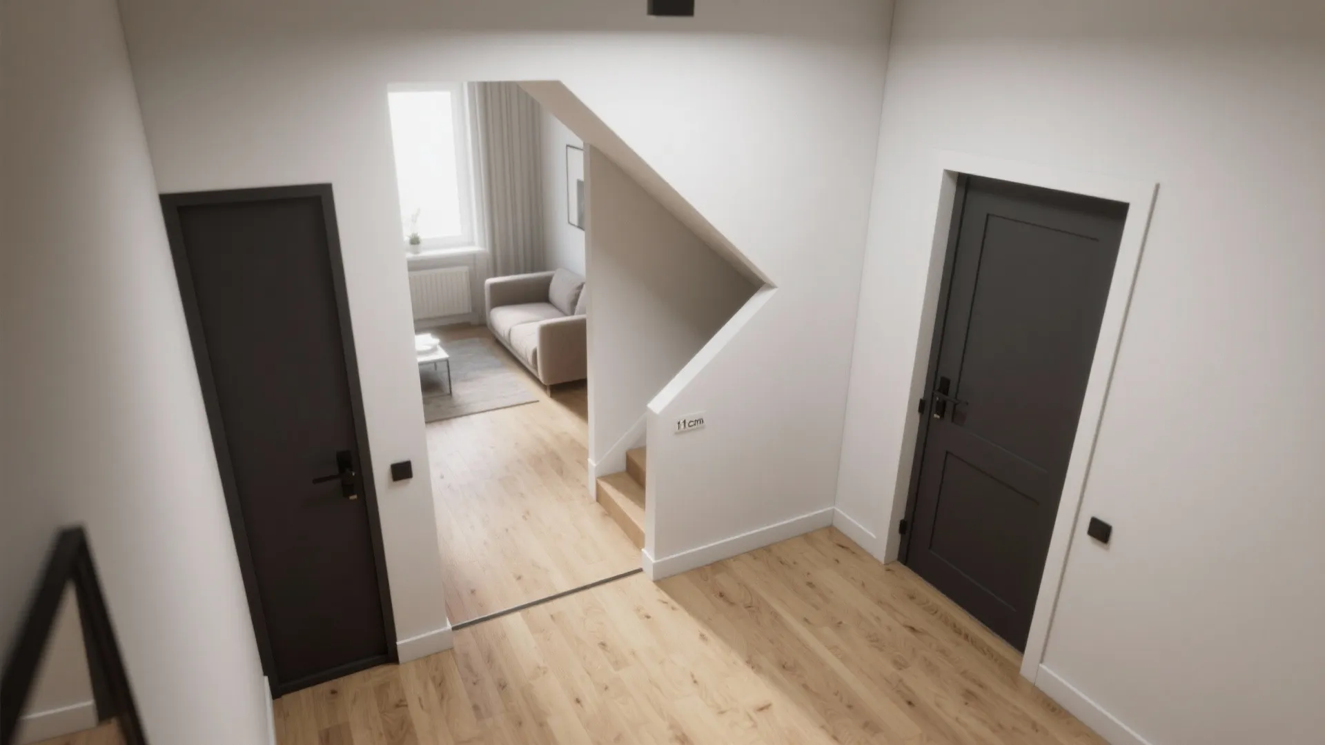 Top-down view of entry and living room with a 45-degree clipped partition improving hallway flow and preserving clear width.