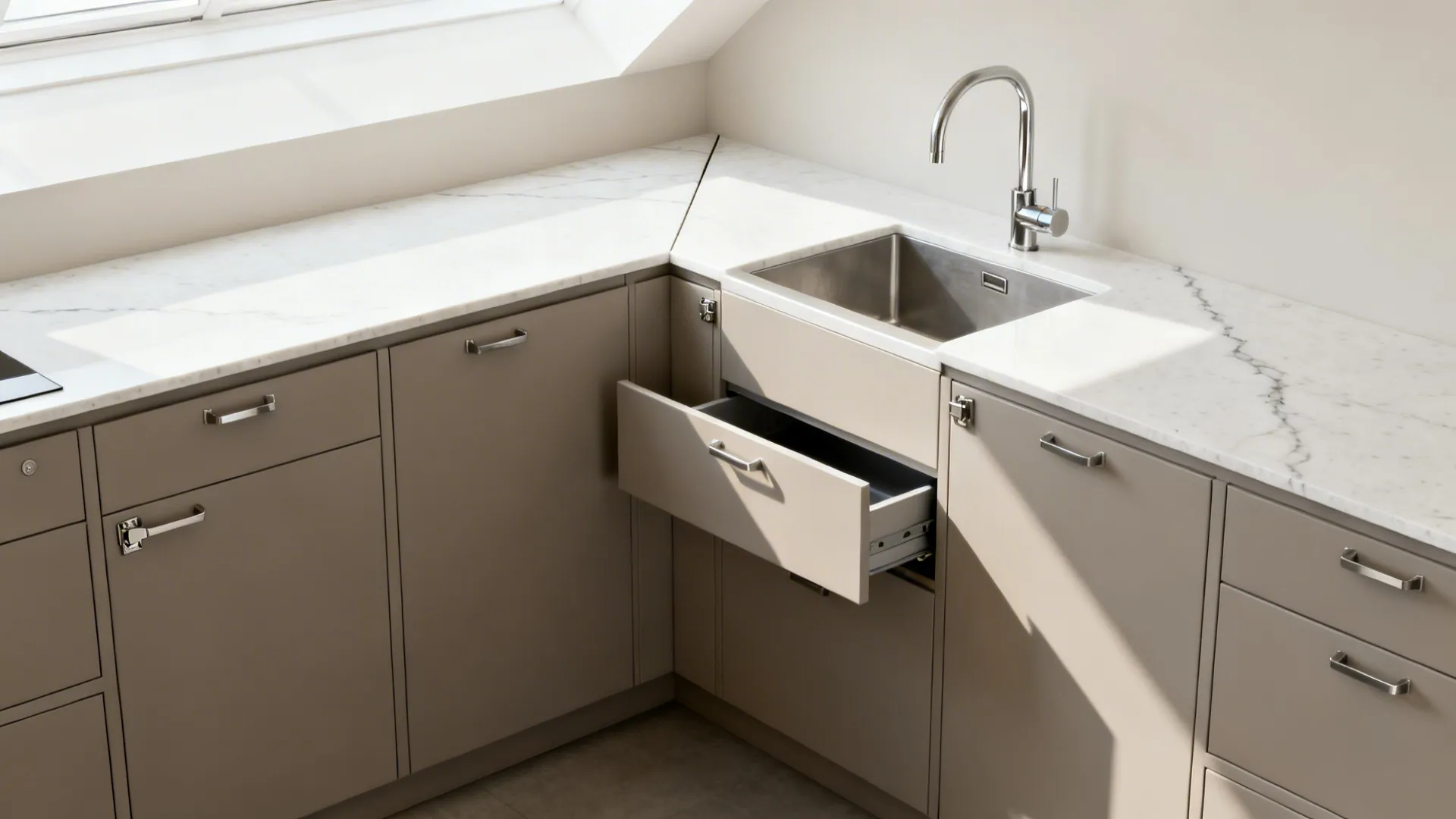L-shaped kitchen with a 45° diagonal corner sink for improved reach.
