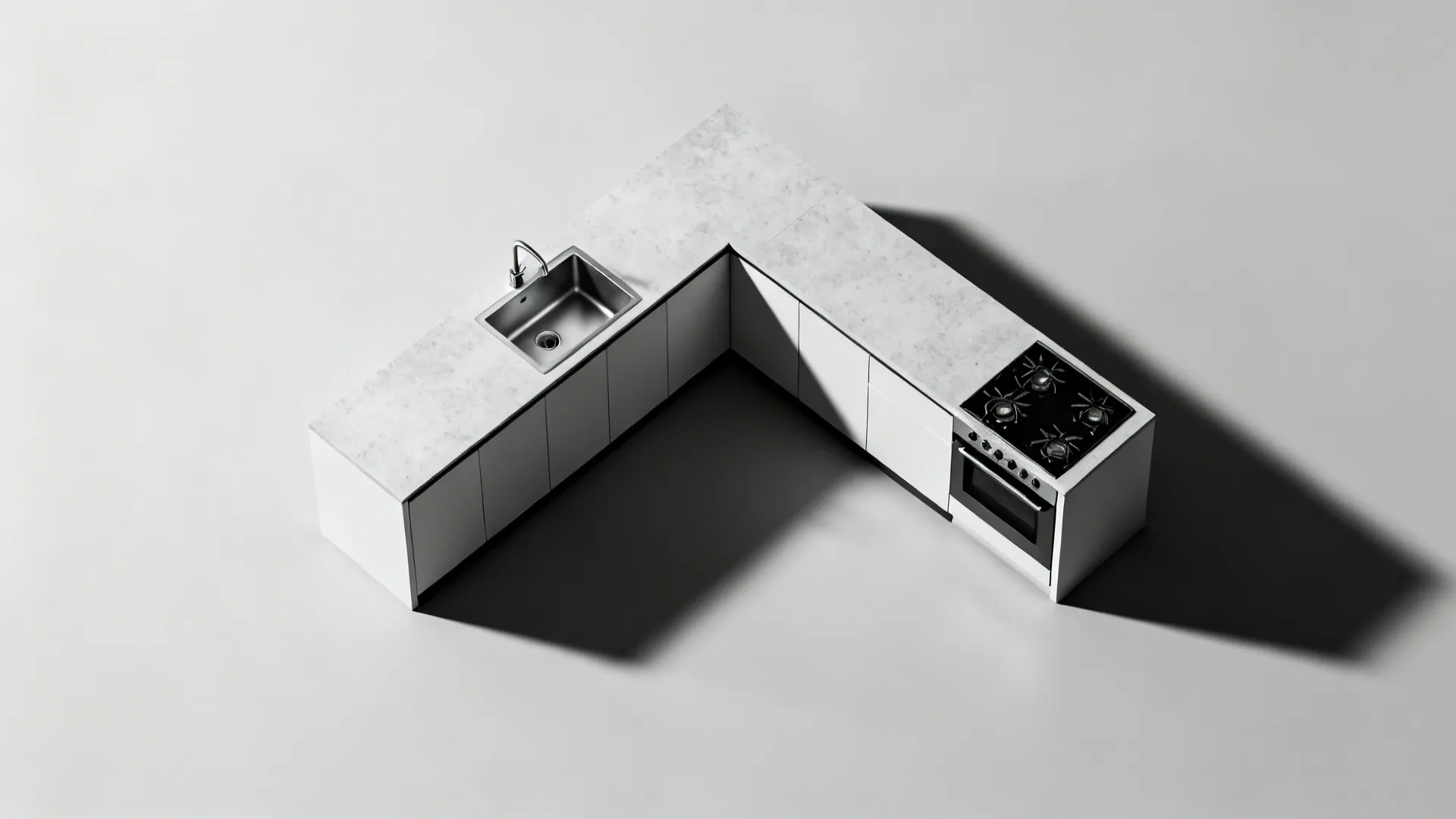 Top-down view of an L-shaped kitchen with a 45° corner sink improving flow.