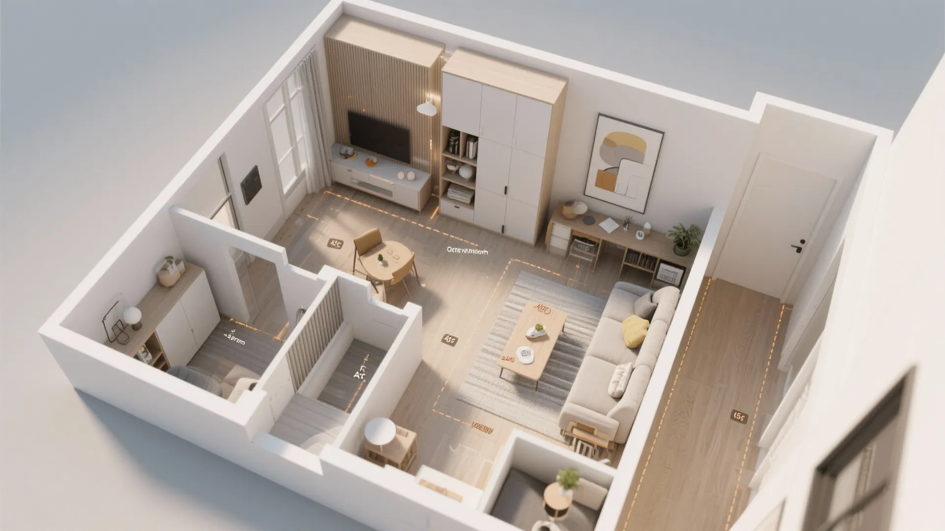 Top-down rendered floor plan of a 45 sqm apartment with zoned layout and built-in storage highlighted.