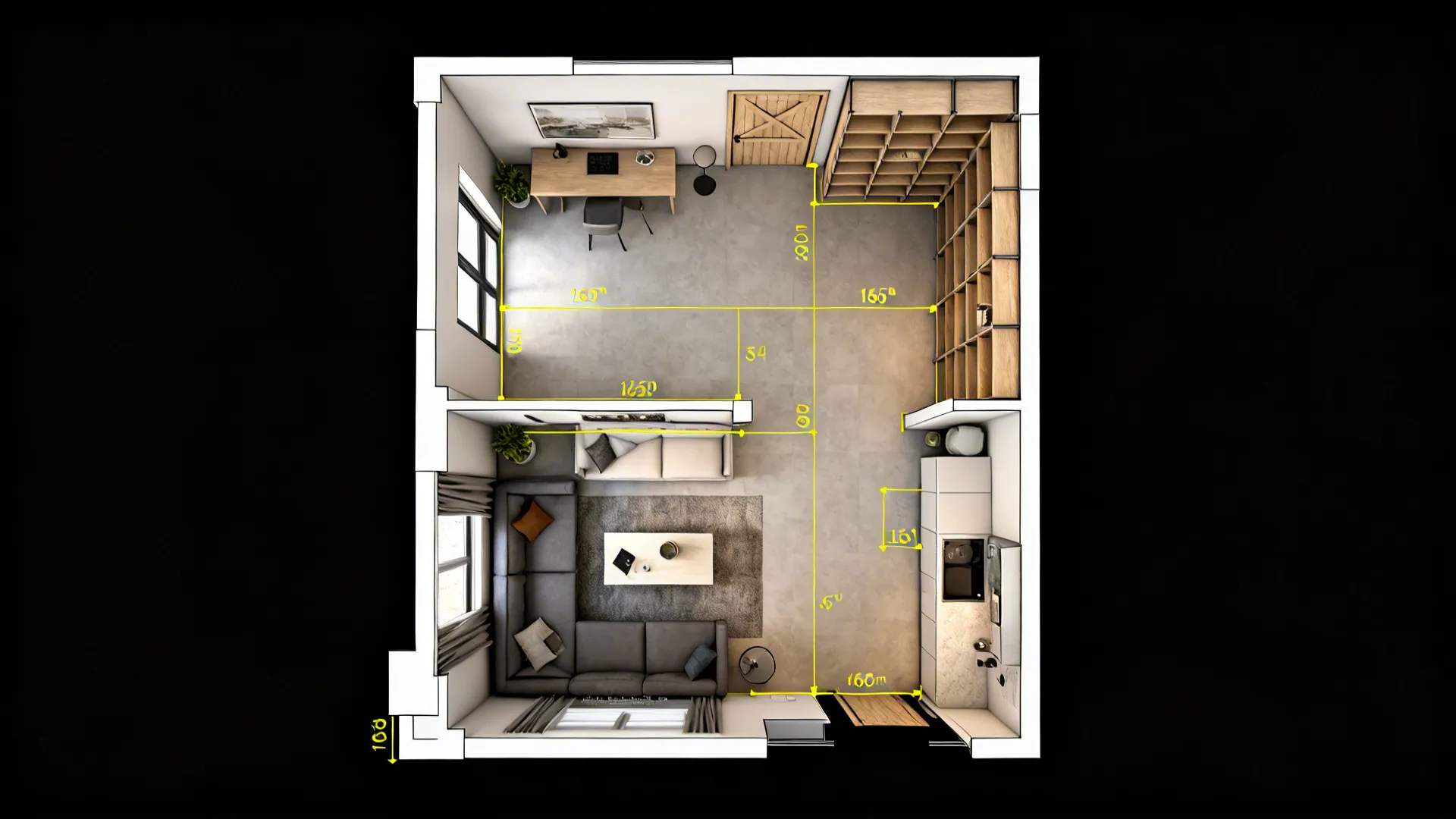 Top-down 3D planning view of a 45sqm one-bedroom showing sliding door and full-height shelving improvements.