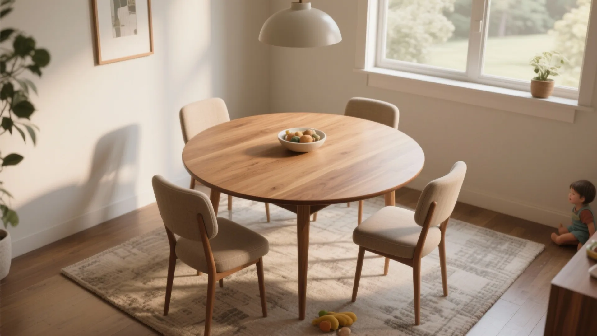 60-inch round oak dining table in an 18x18 room with comfortable circulation and warm daylight.