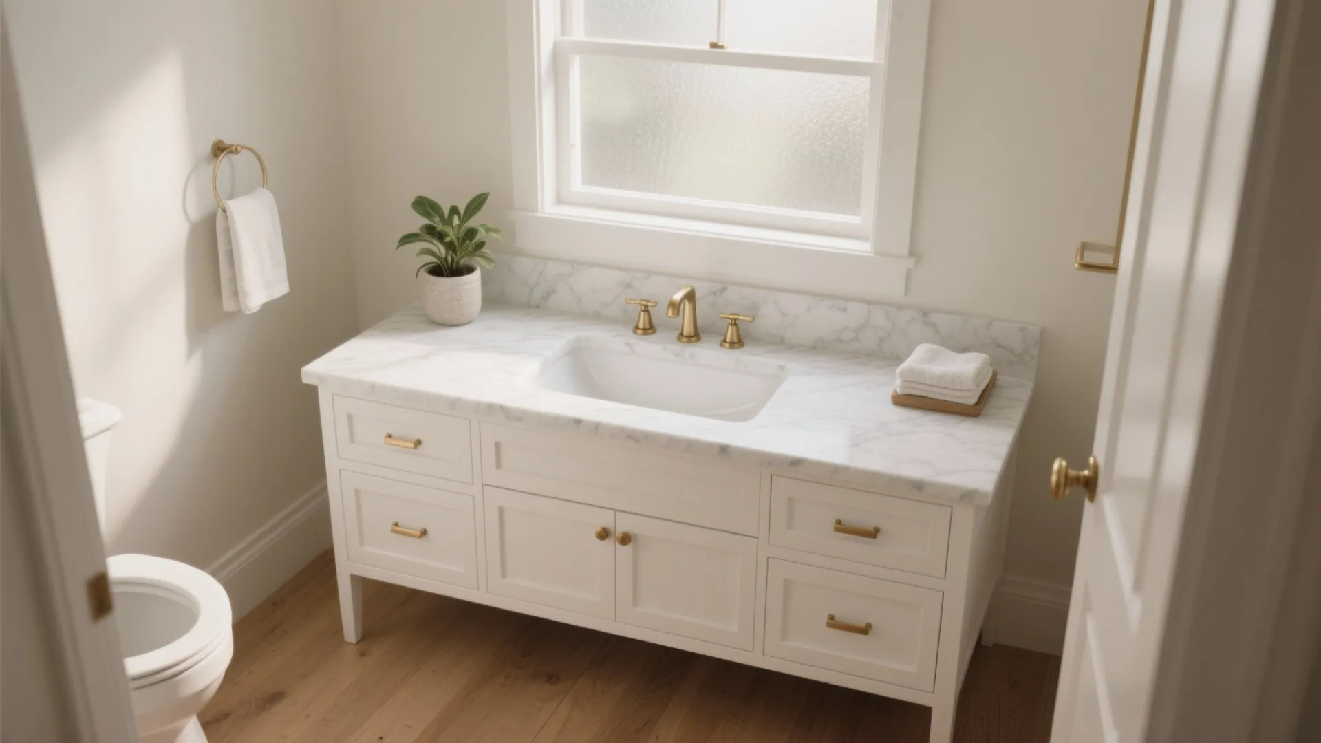 White bathroom cabinet with marble top gold faucet green plant and window in bright room