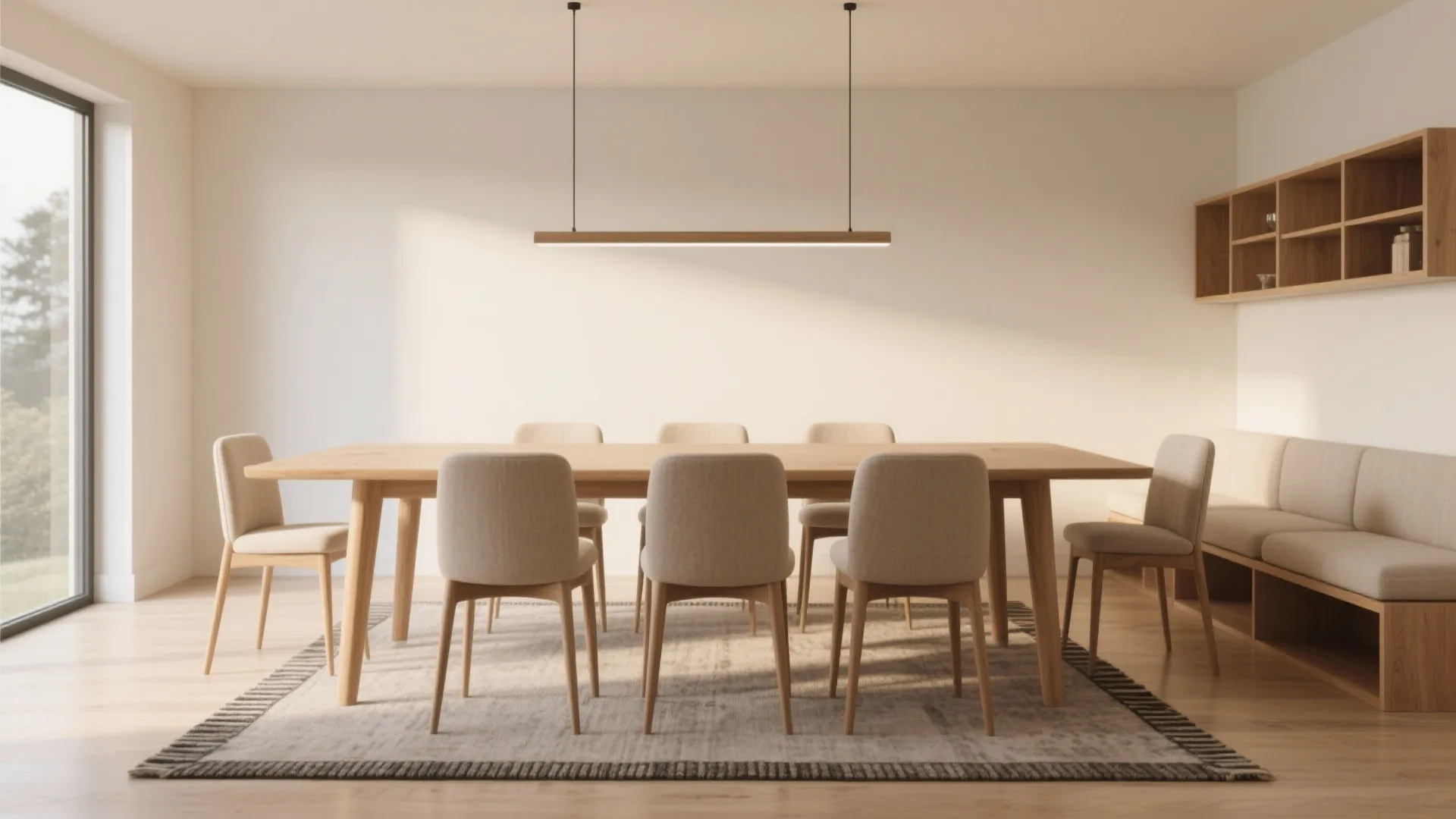 Modern dining room featuring a long wooden table with beige chairs and a wooden light