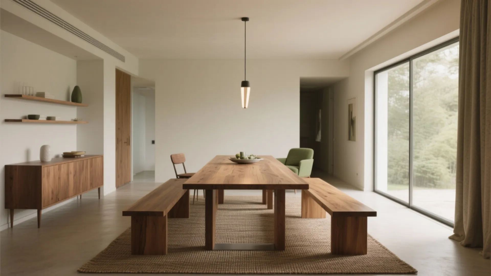 Minimalist dining room with long wooden table wooden benches green chair cabinet and ceiling light