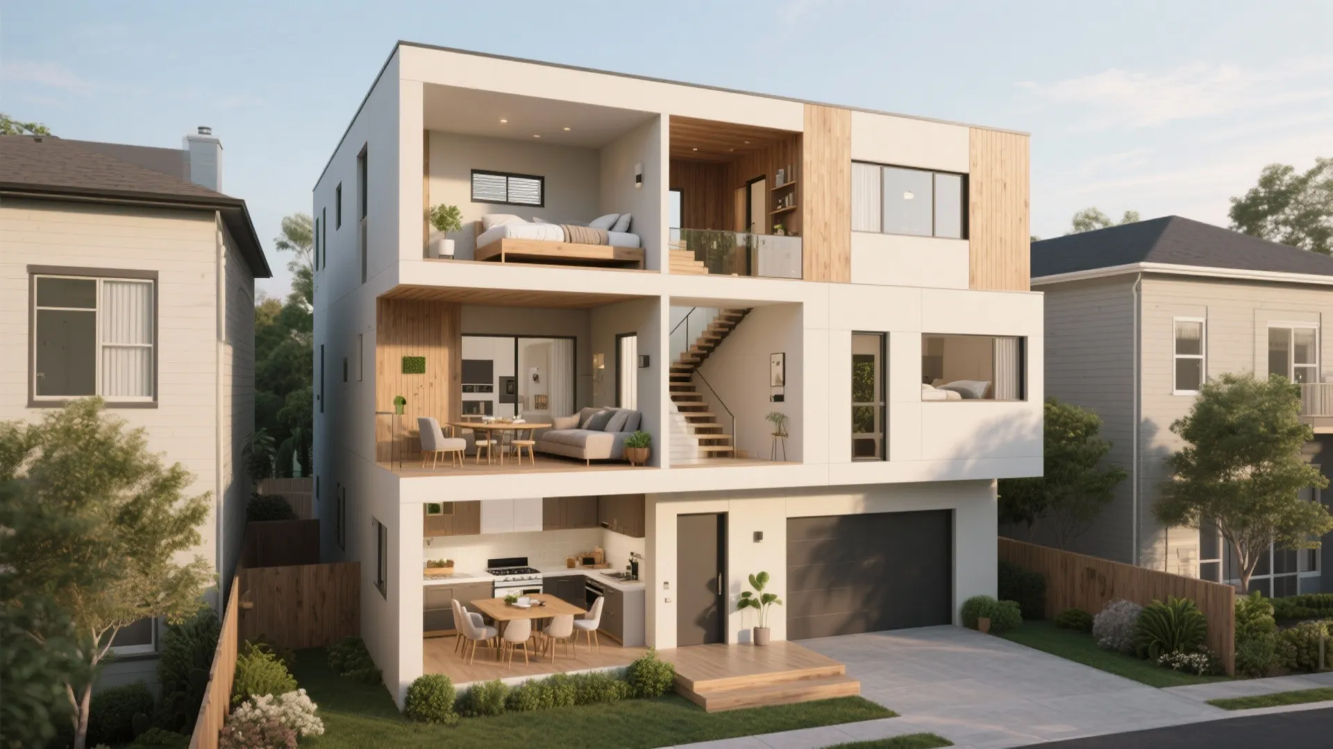 Three level house interior design drawing showing kitchen living room and bedroom in cross section