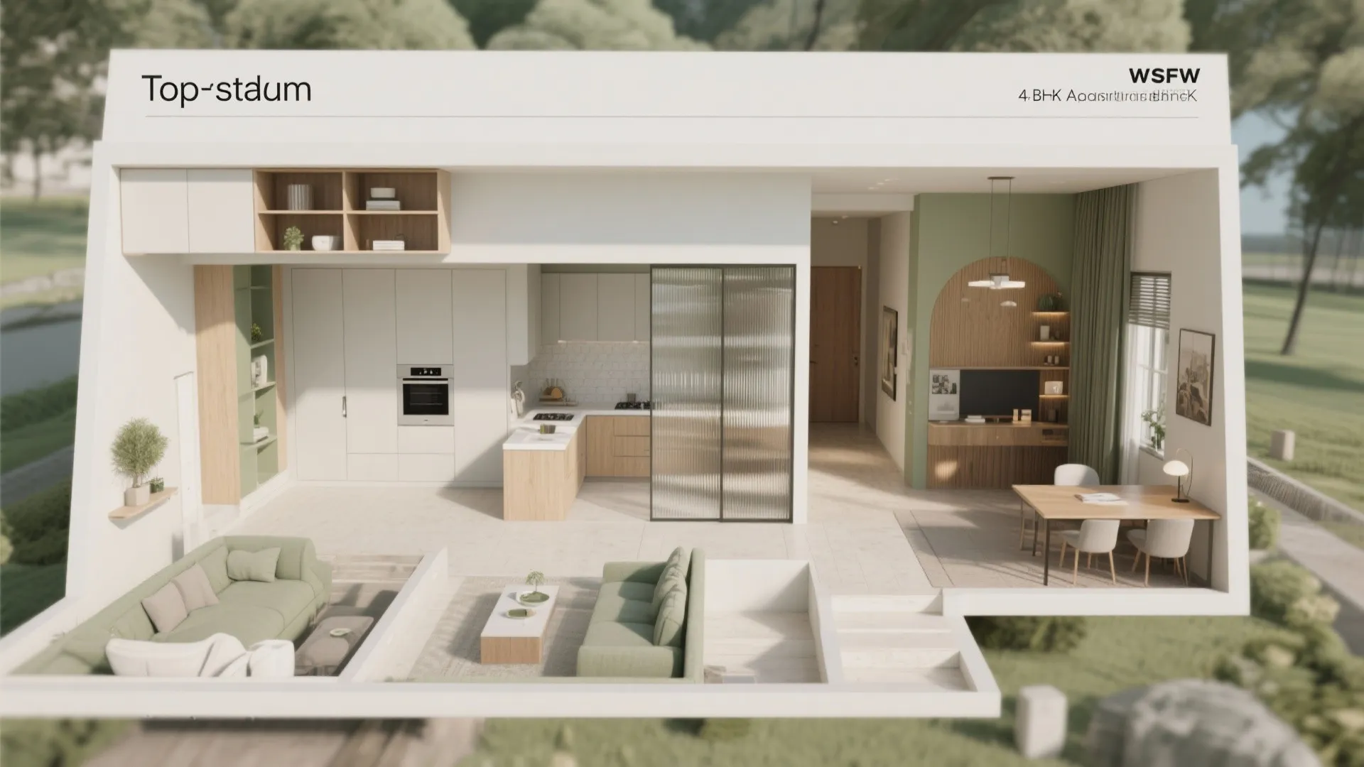 Interior design drawing showing a top down view of kitchen living area and dining space