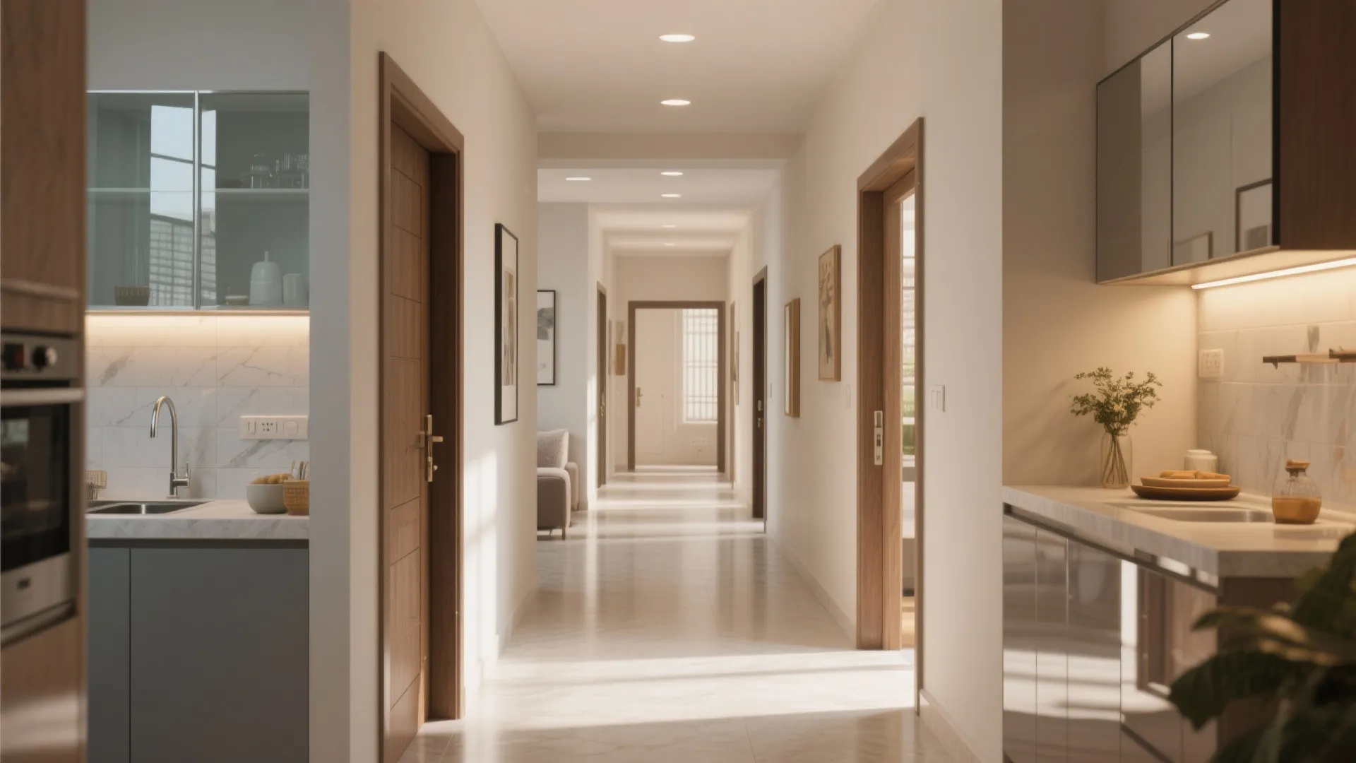 Bright long hallway featuring wooden doors white walls small ceiling lights and shiny marble floor
