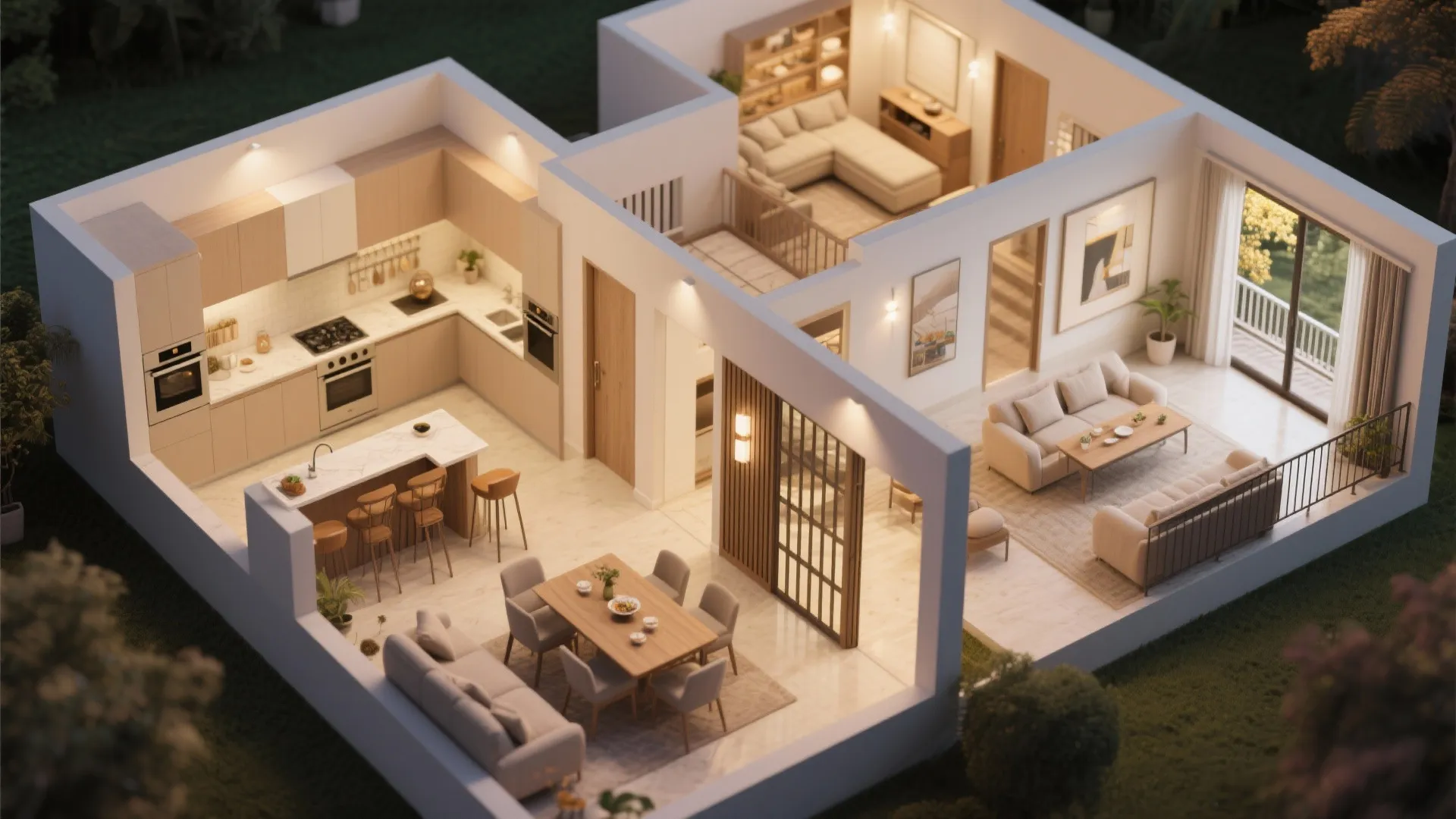 3D interior design drawing showing open plan kitchen dining area living room and small balcony