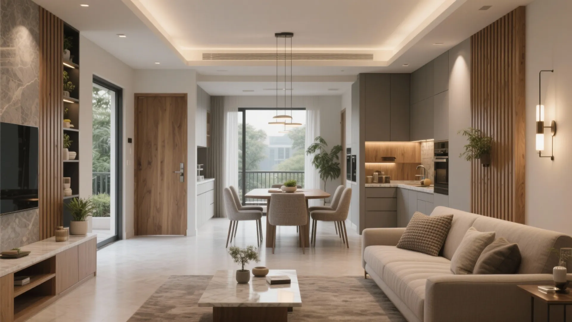 Modern open layout living room with beige sofa dining table kitchen cabinets and ceiling lights
