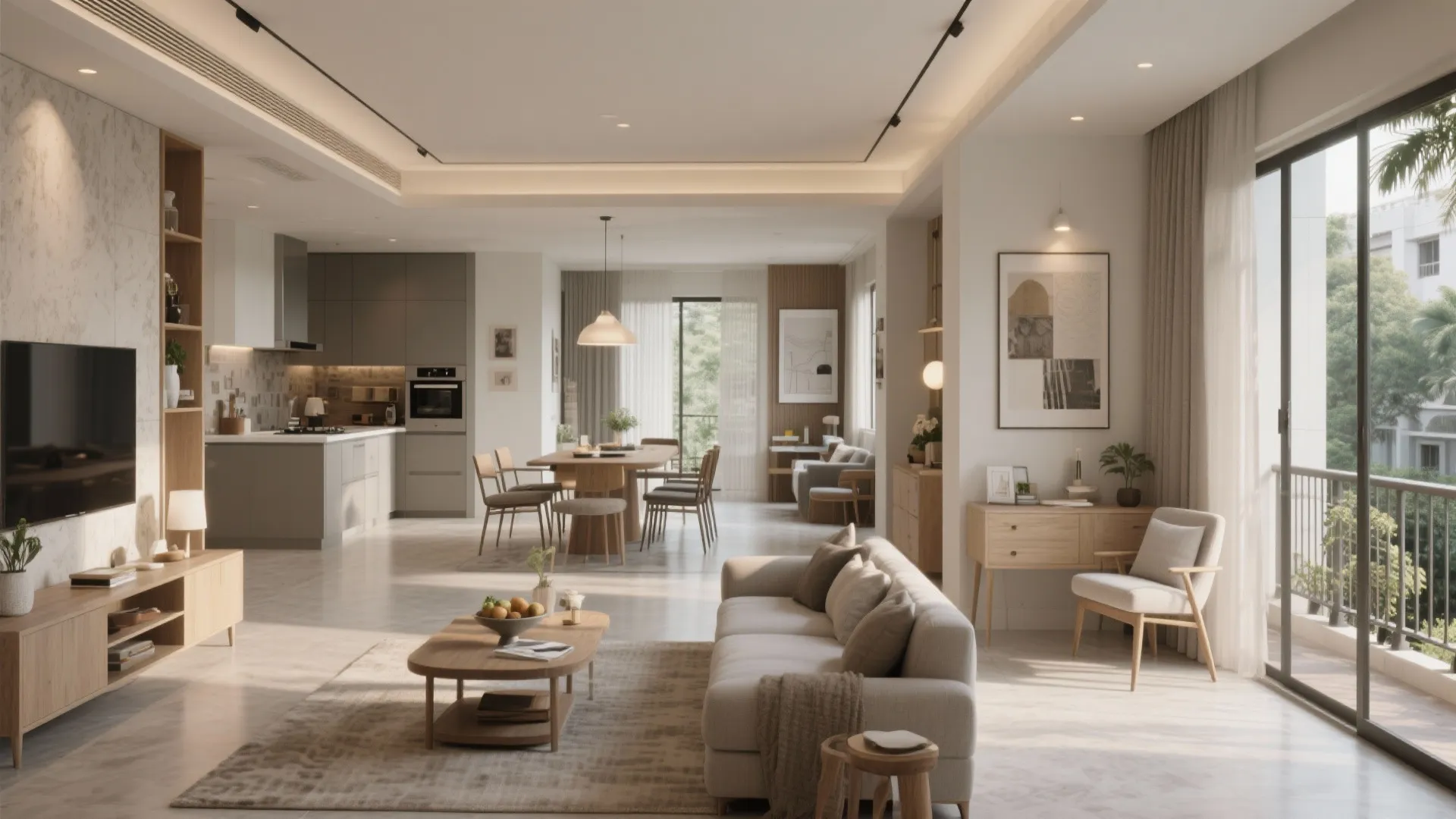 Modern open plan living room with beige sofa wooden dining table kitchen and bright balcony