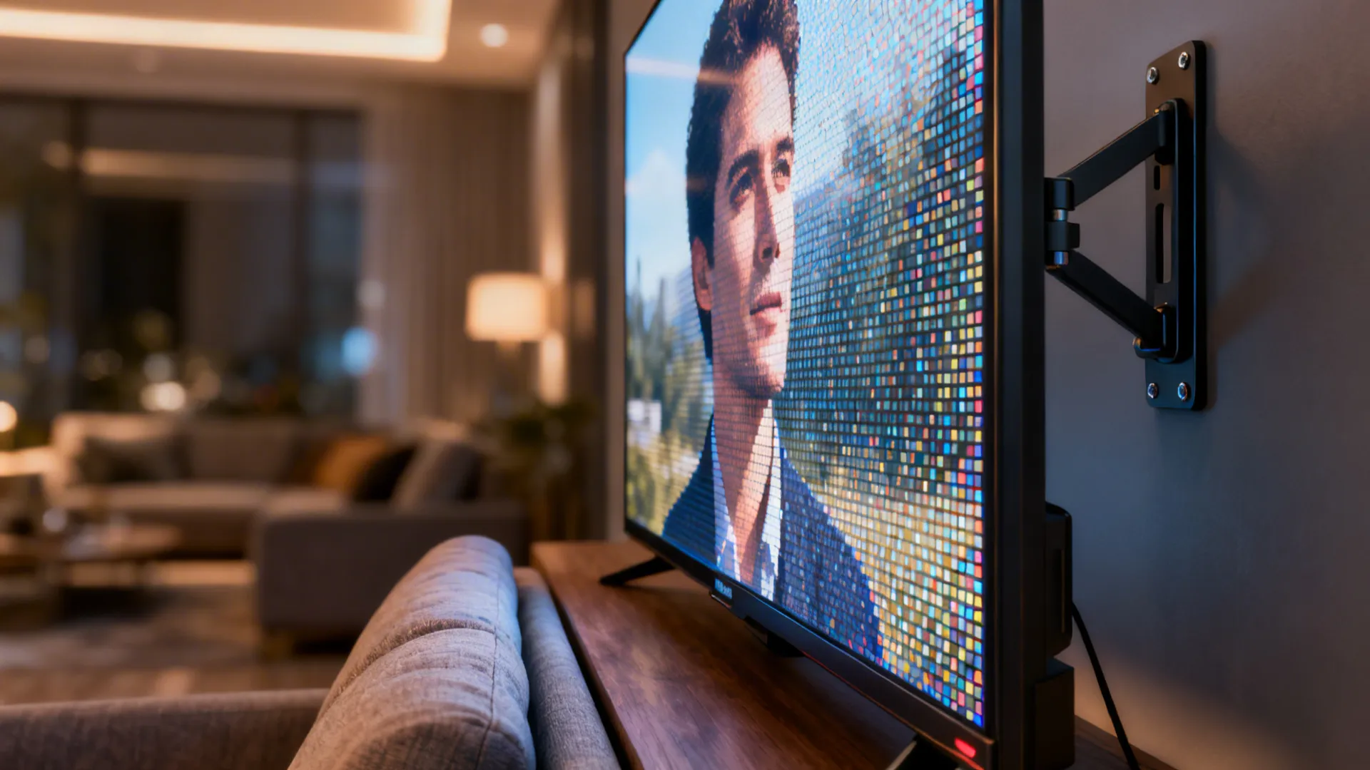 Close-up of a 4K TV screen with crisp detail and an adjustable wall mount visible behind it.