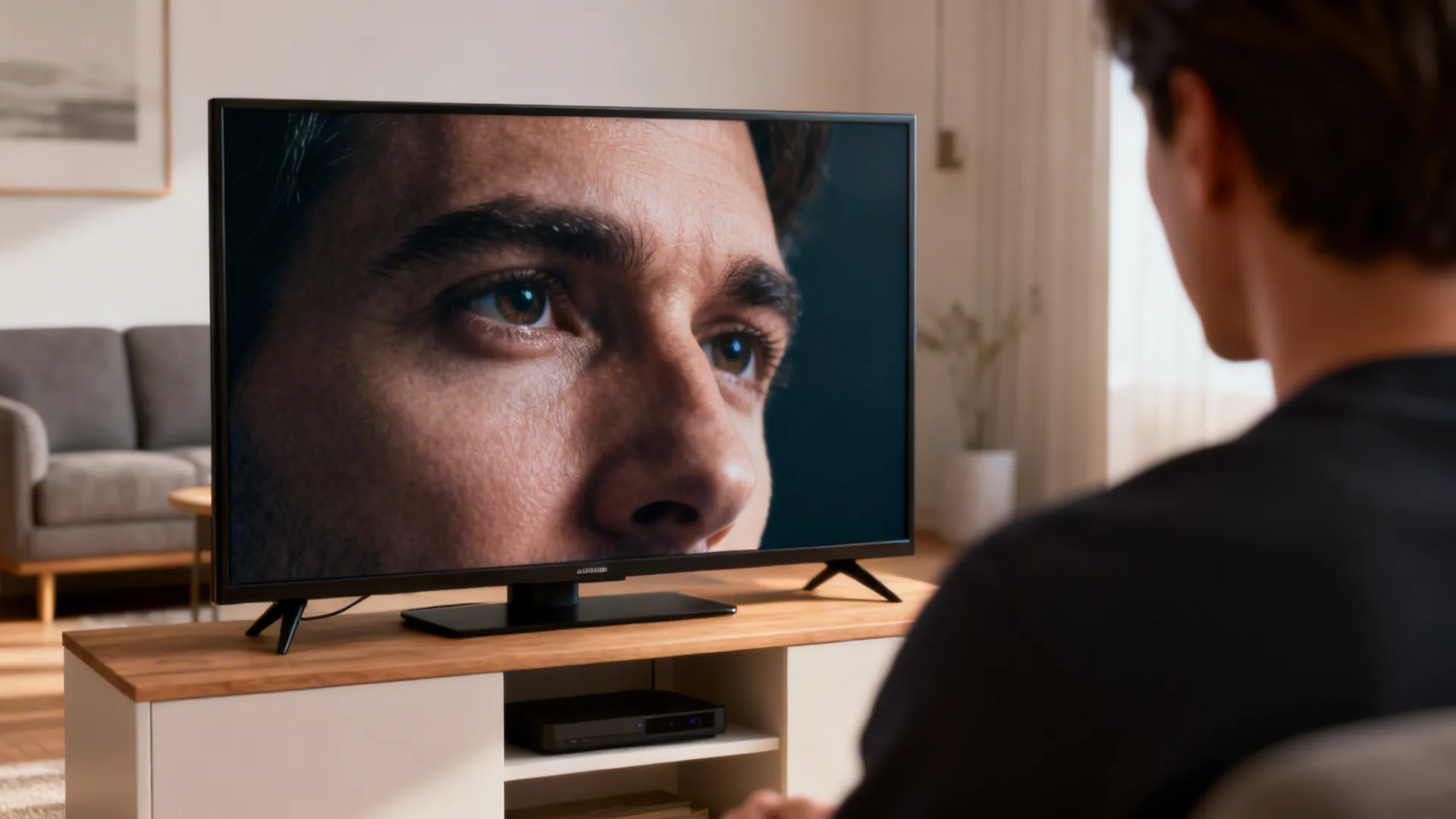 Close-up of a 4K TV screen in a living room demonstrating sharp detail and close viewing.