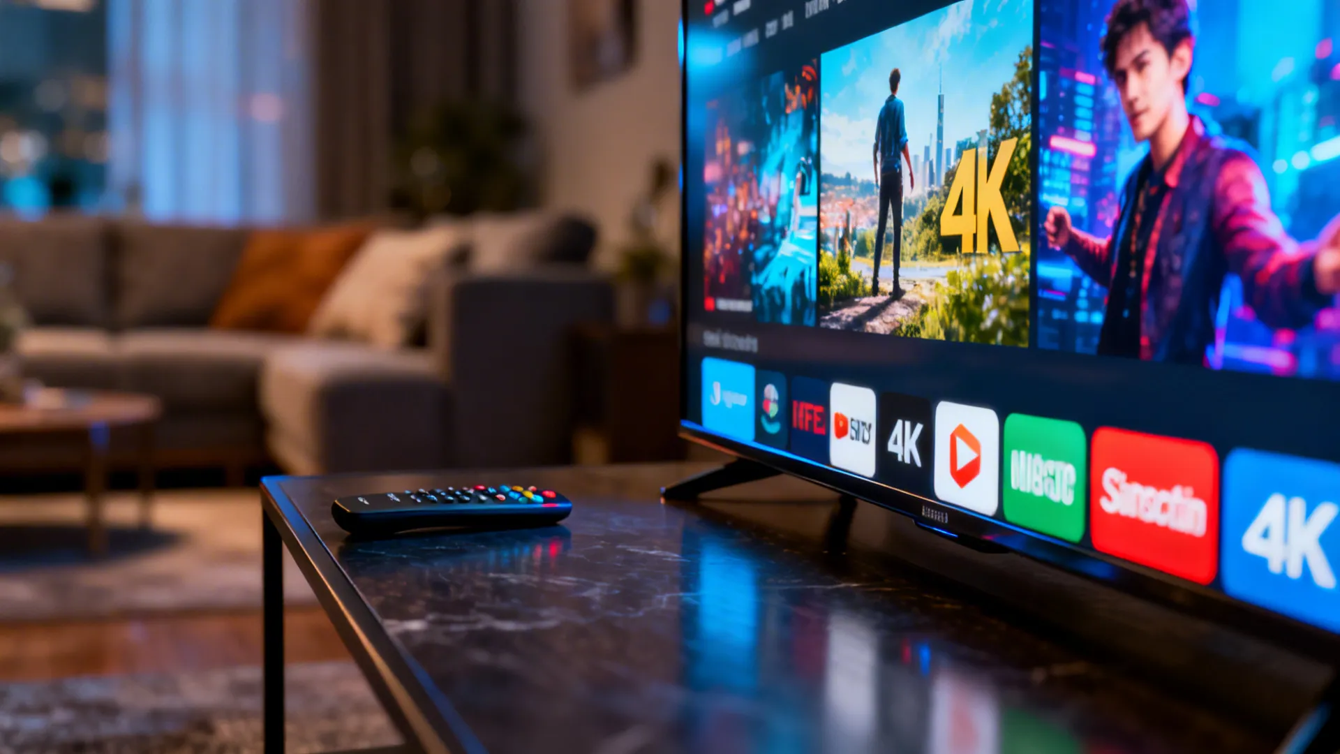 Close-up of a 4K TV screen displaying sharp content with living room elements in the background.