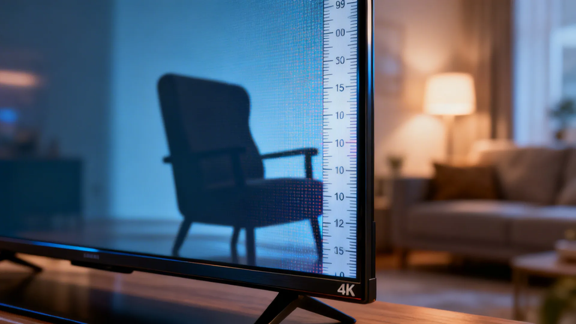 Close up of 4K television screen showing a chair image and a vertical white ruler