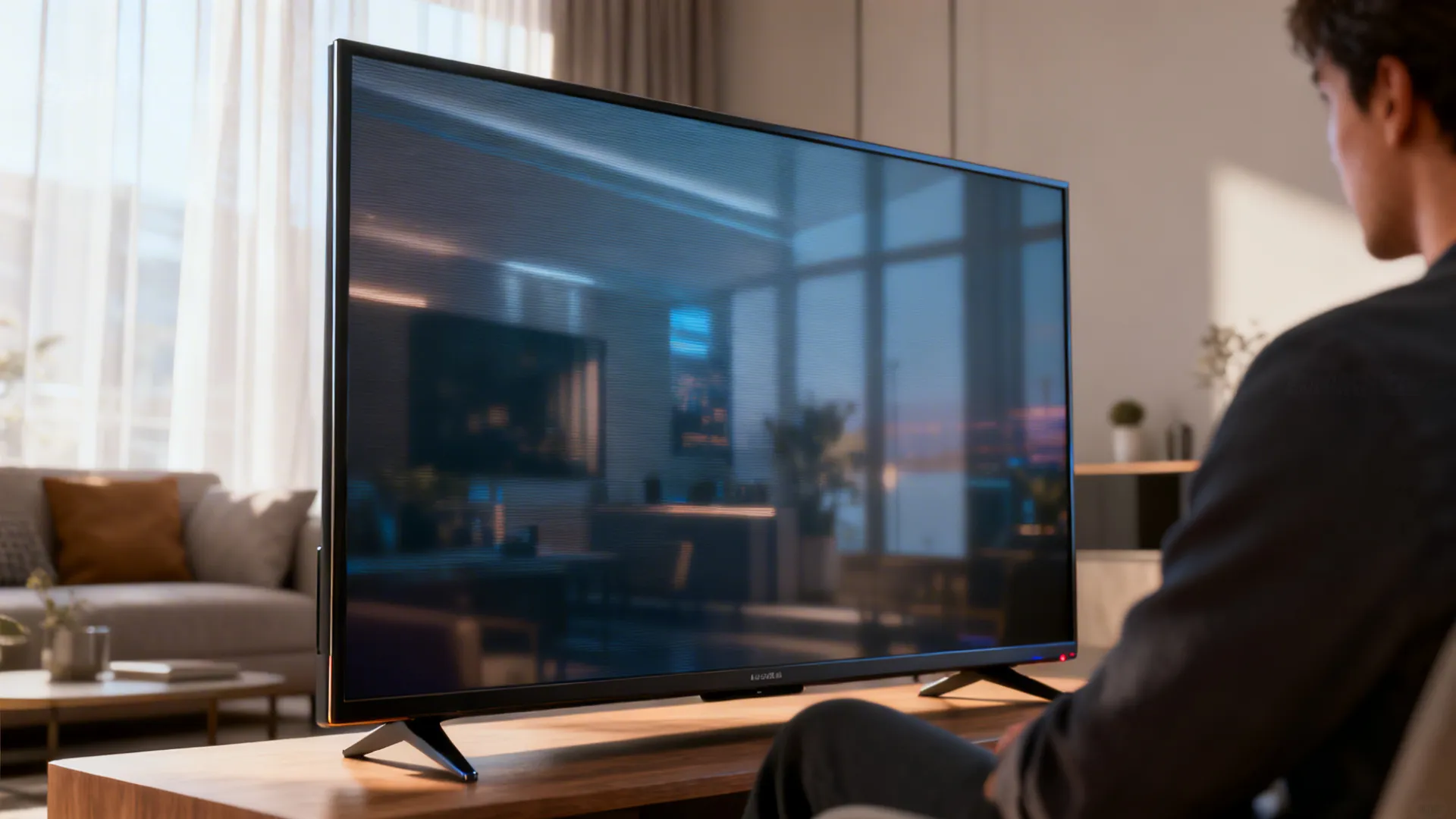 Close-up of a 4K TV screen in a small living room showing crisp detail and slim bezel.