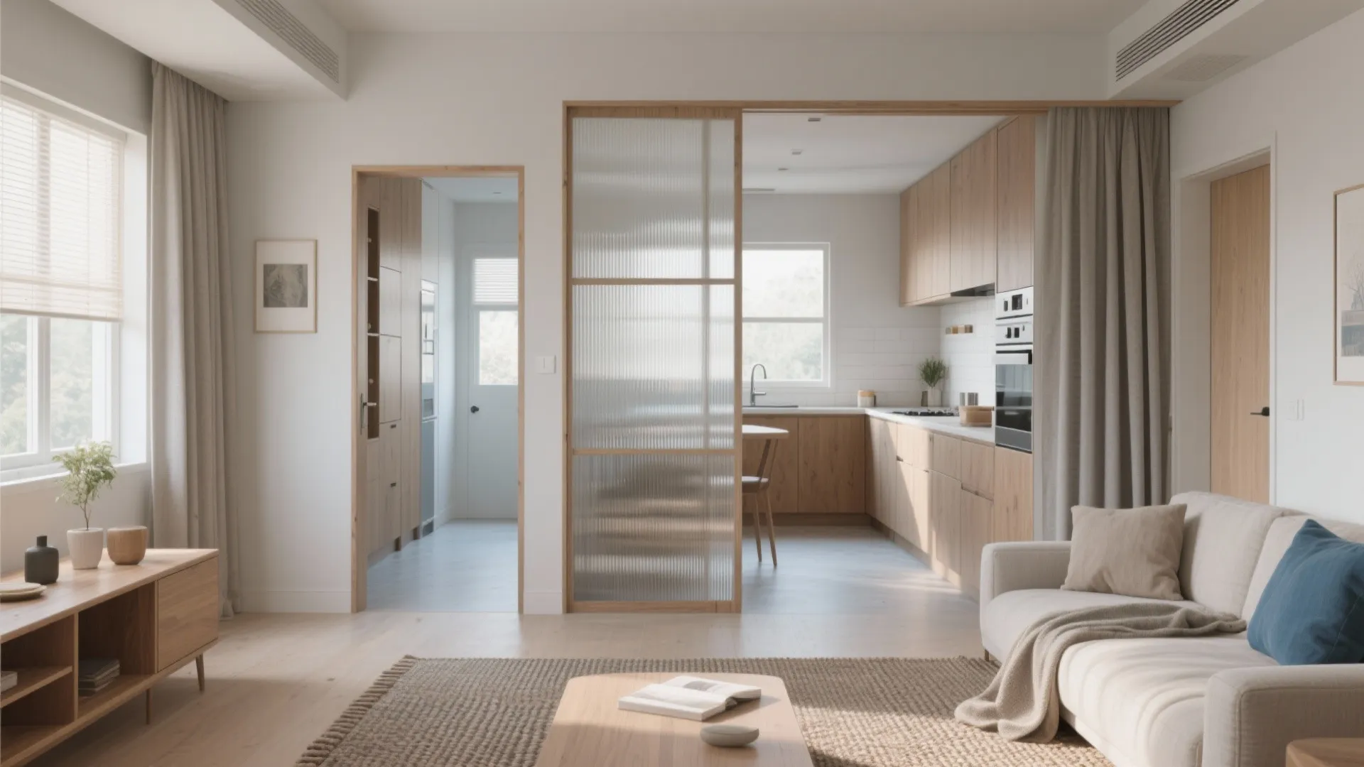 Modern living room with sofa and glass sliding door separating the wooden kitchen and dining area