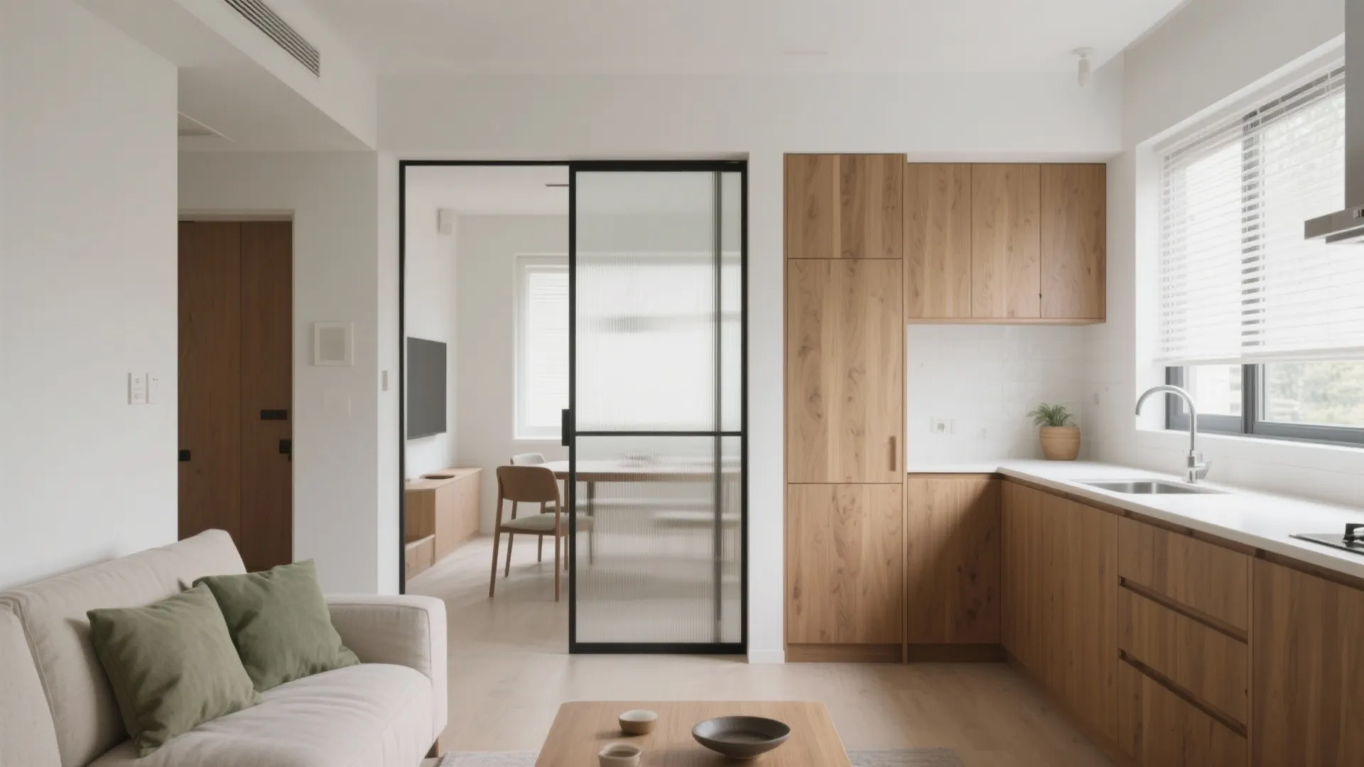 Modern open kitchen with wood cabinets white countertop glass sliding door and light colored living room