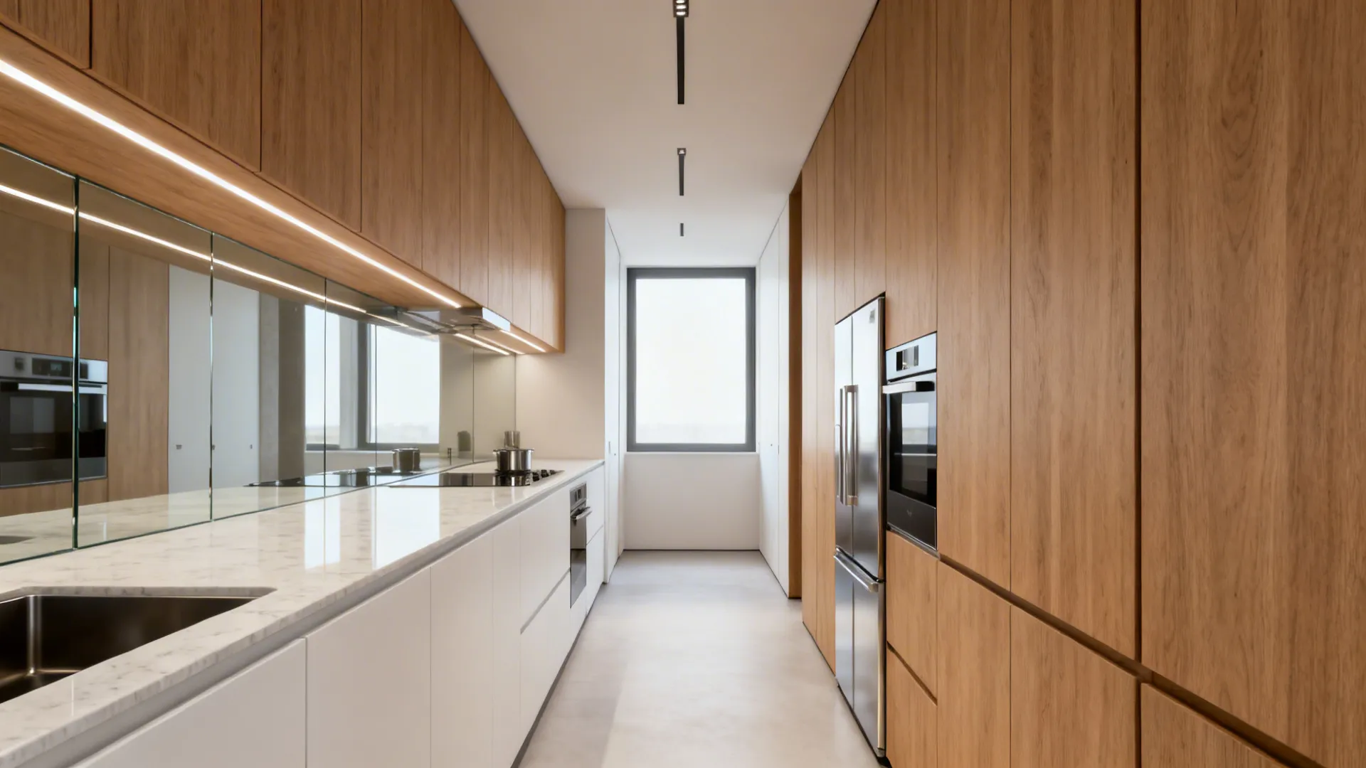 Modern narrow kitchen with wood cabinets, white counters, glass walls, stainless steel fridge and window
