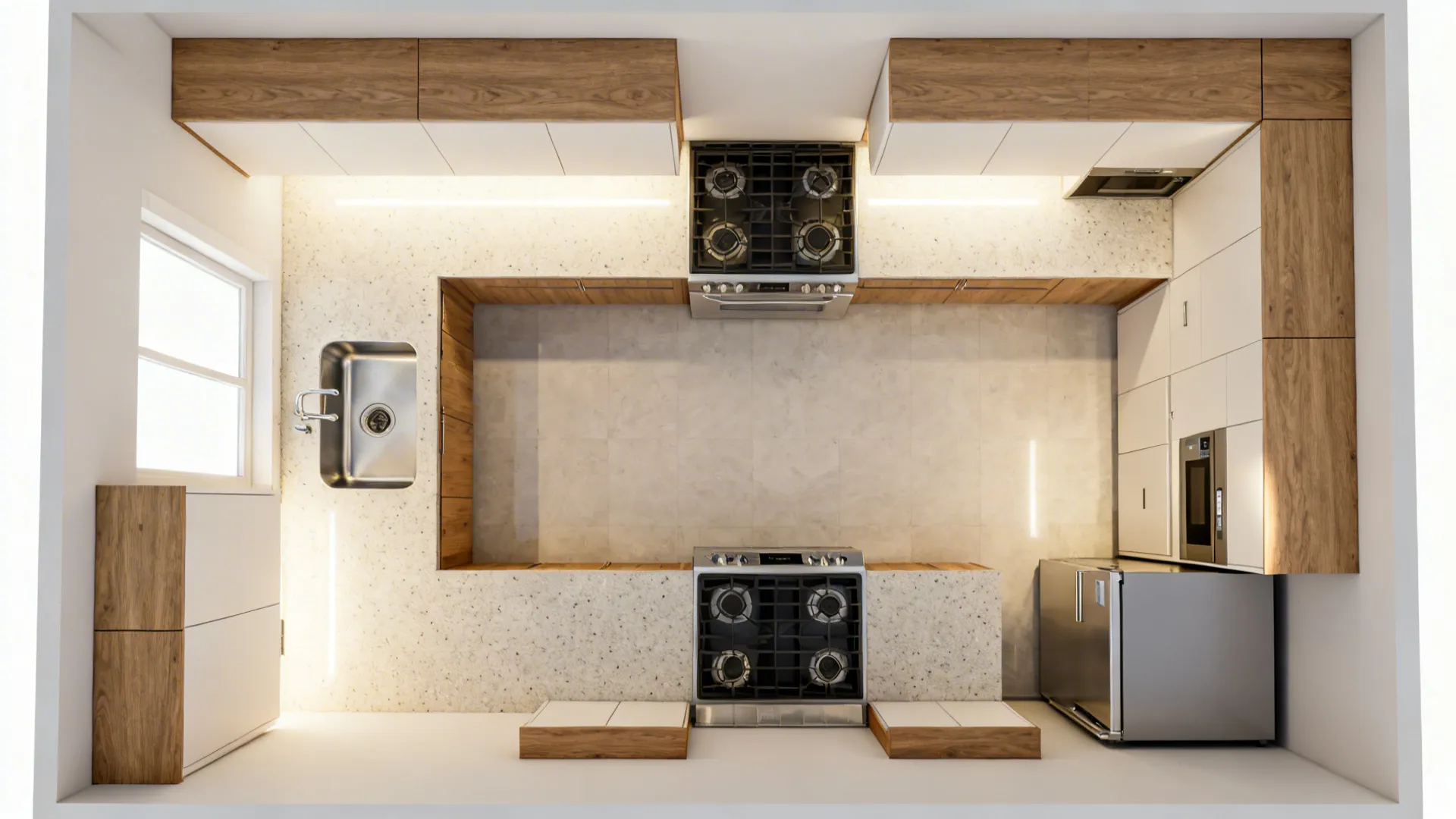 Top view of a modern kitchen layout with white counters wooden cabinets stove sink and fridge