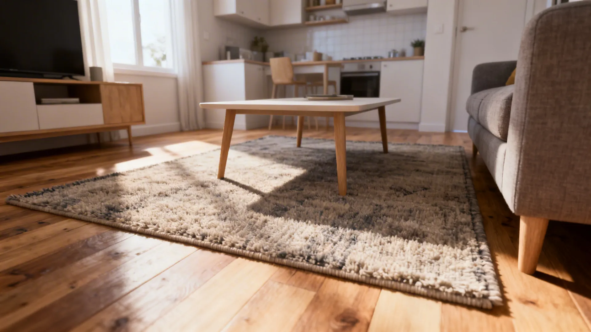 Modern living room with grey sofa white coffee table and patterned rug on wood floor surface