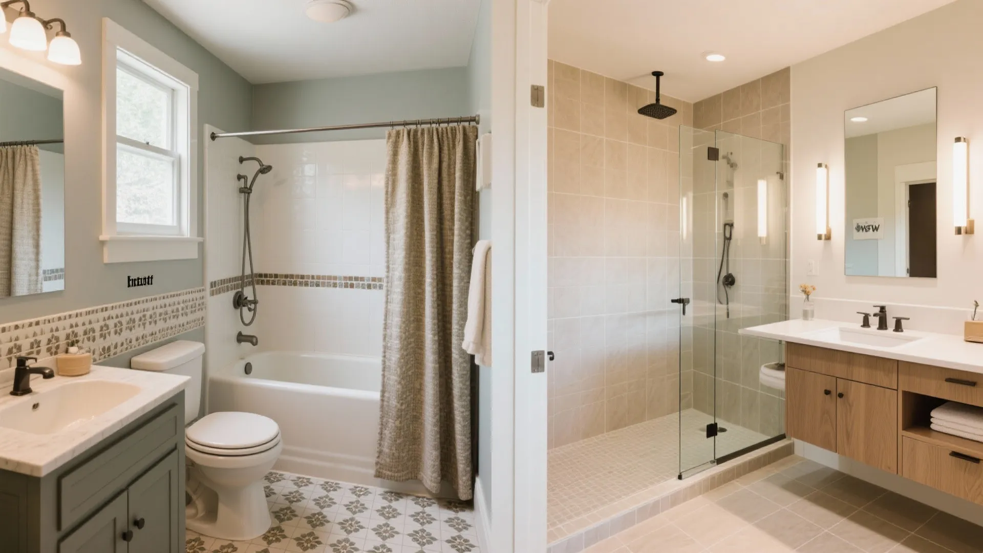 Before and after comparison of a traditional bathroom remodel into a modern glass walk-in shower