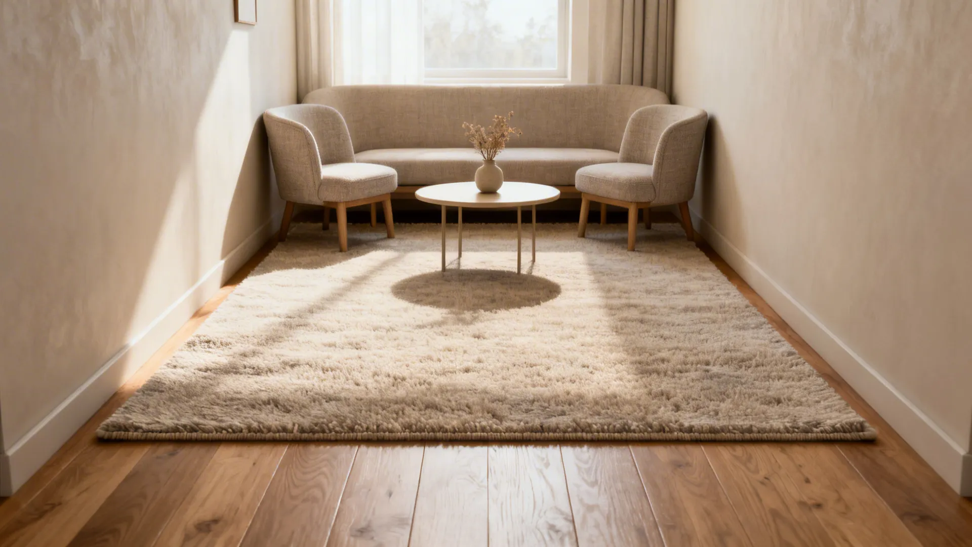 Compact seating nook with a 4x6 rug defining the area and furniture legs off the rug.