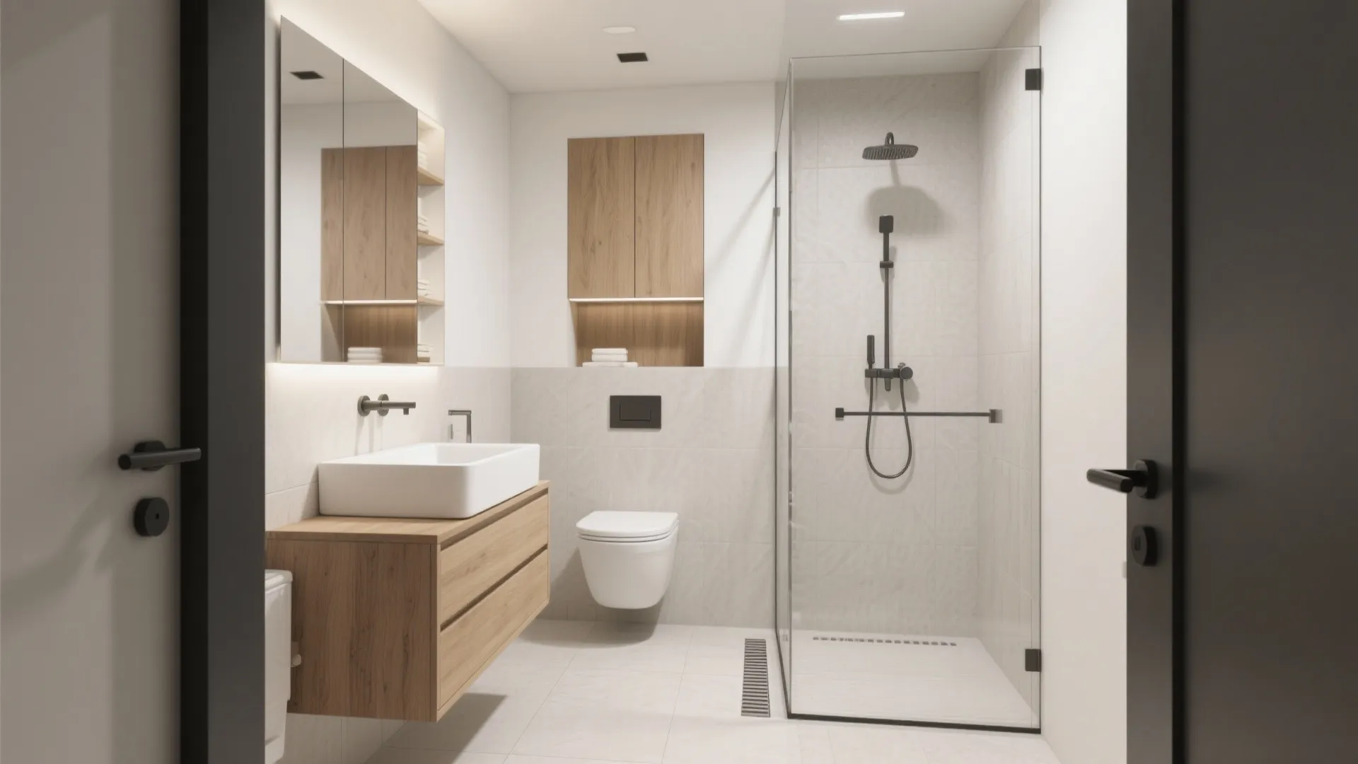 Modern bathroom interior featuring wooden cabinet, white sink, large mirror, glass shower, and white tiles