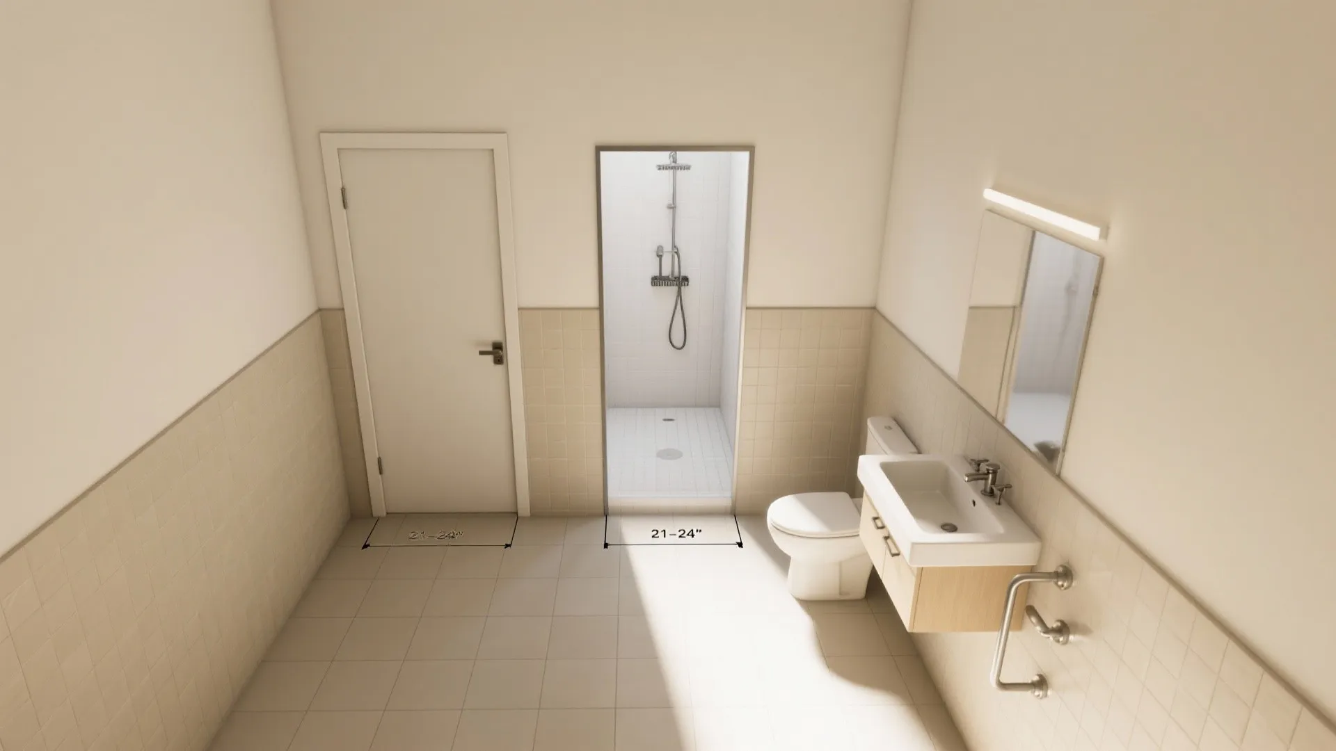 Interior design drawing of a bathroom layout showing dimensions for door shower toilet and sink