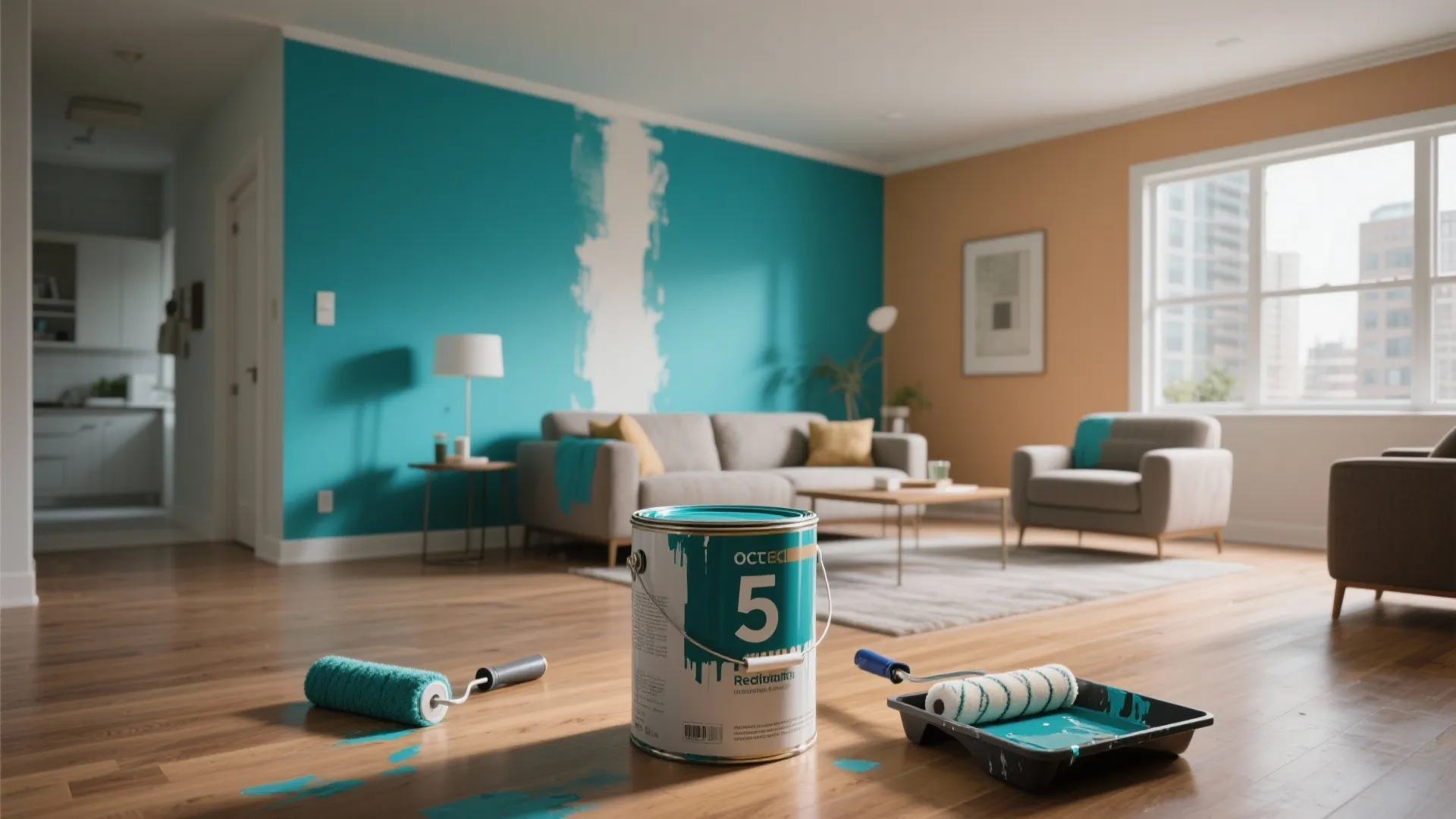 Interior living room being painted with teal blue wall color and paint rollers on floor
