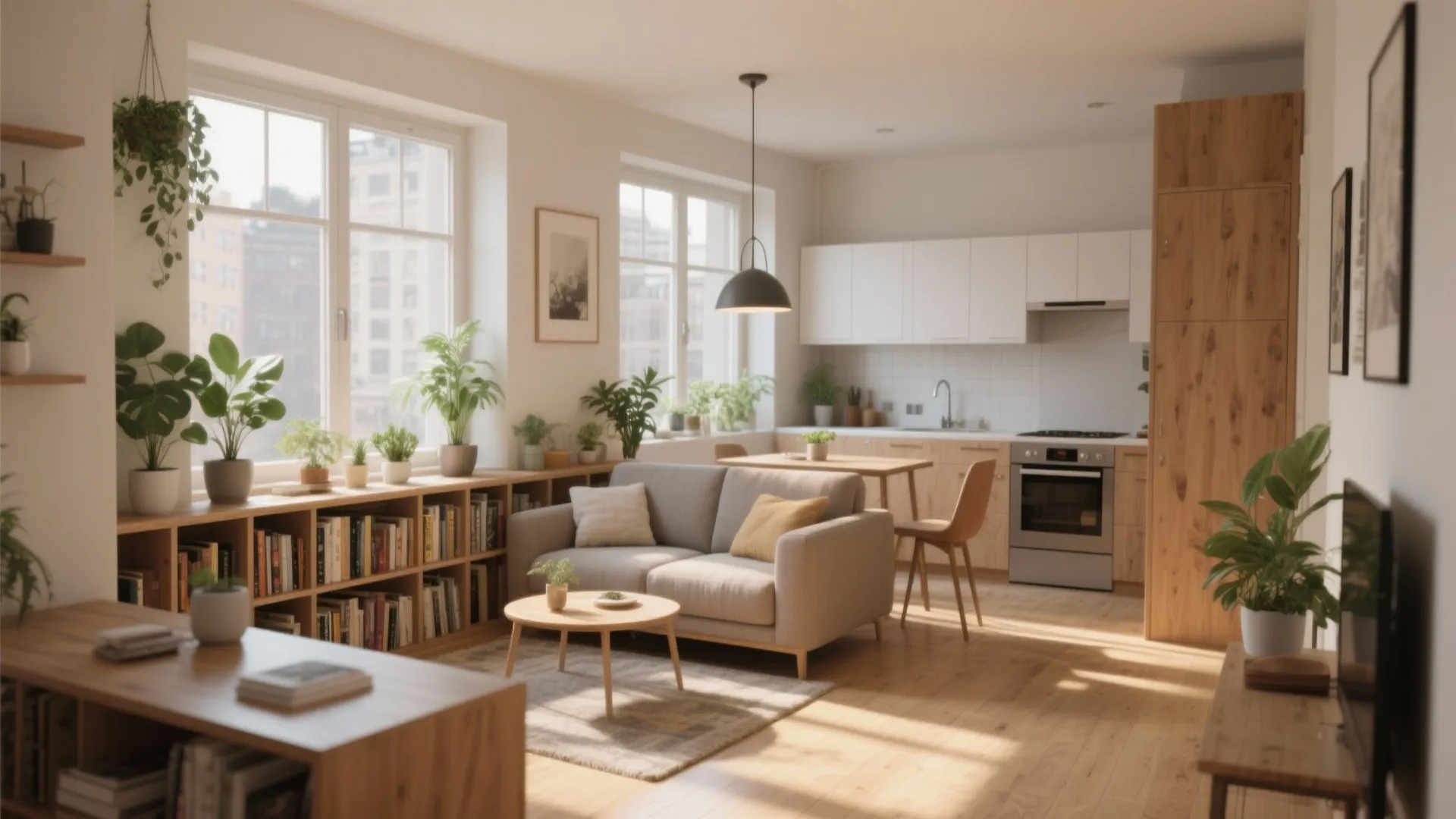 Modern open plan living room with grey sofa wooden coffee table bookshelves and bright kitchen area