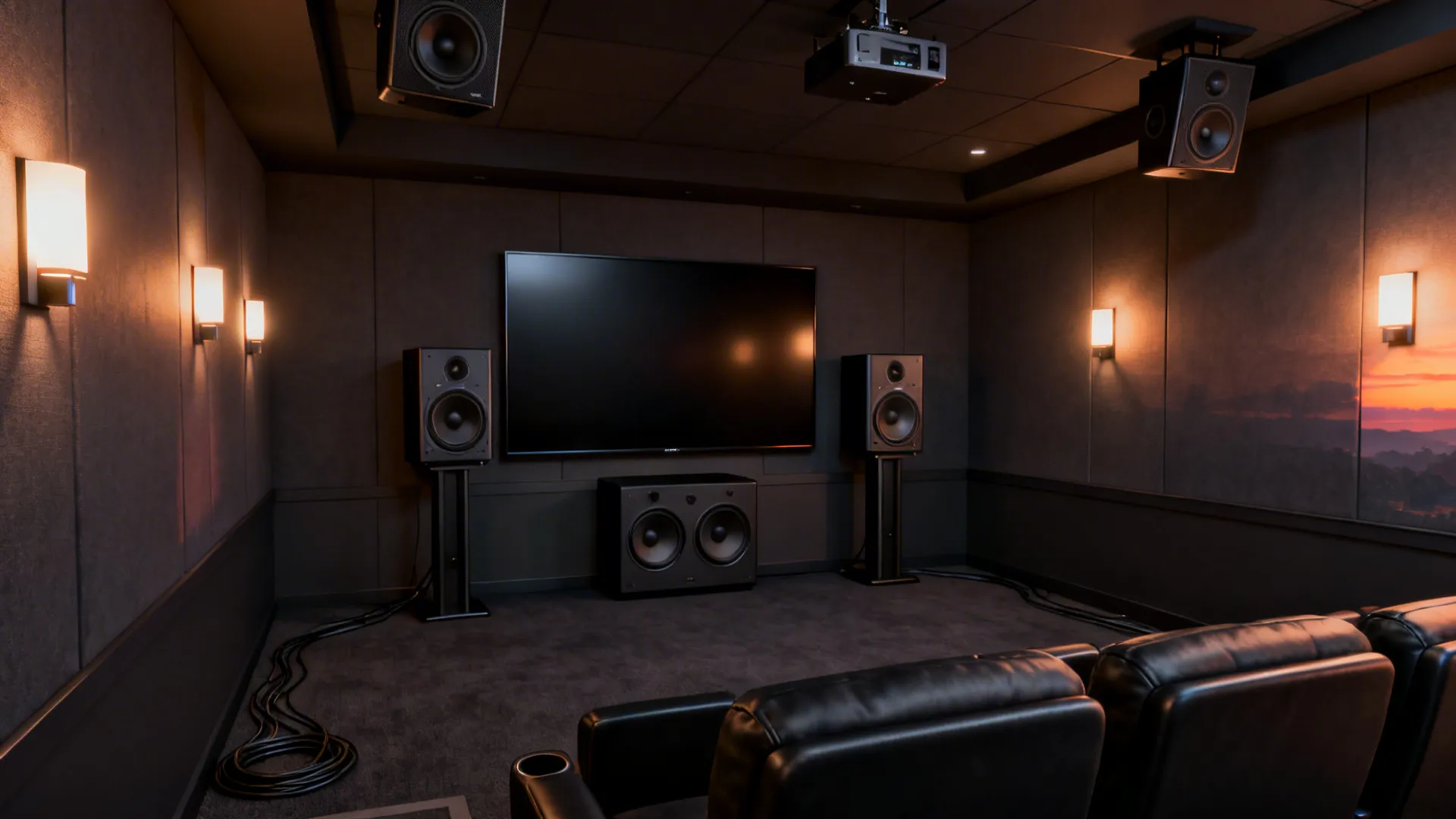 Compact 5.1.2 Atmos setup in a dark 12x10 theater with on-ceiling height speakers.