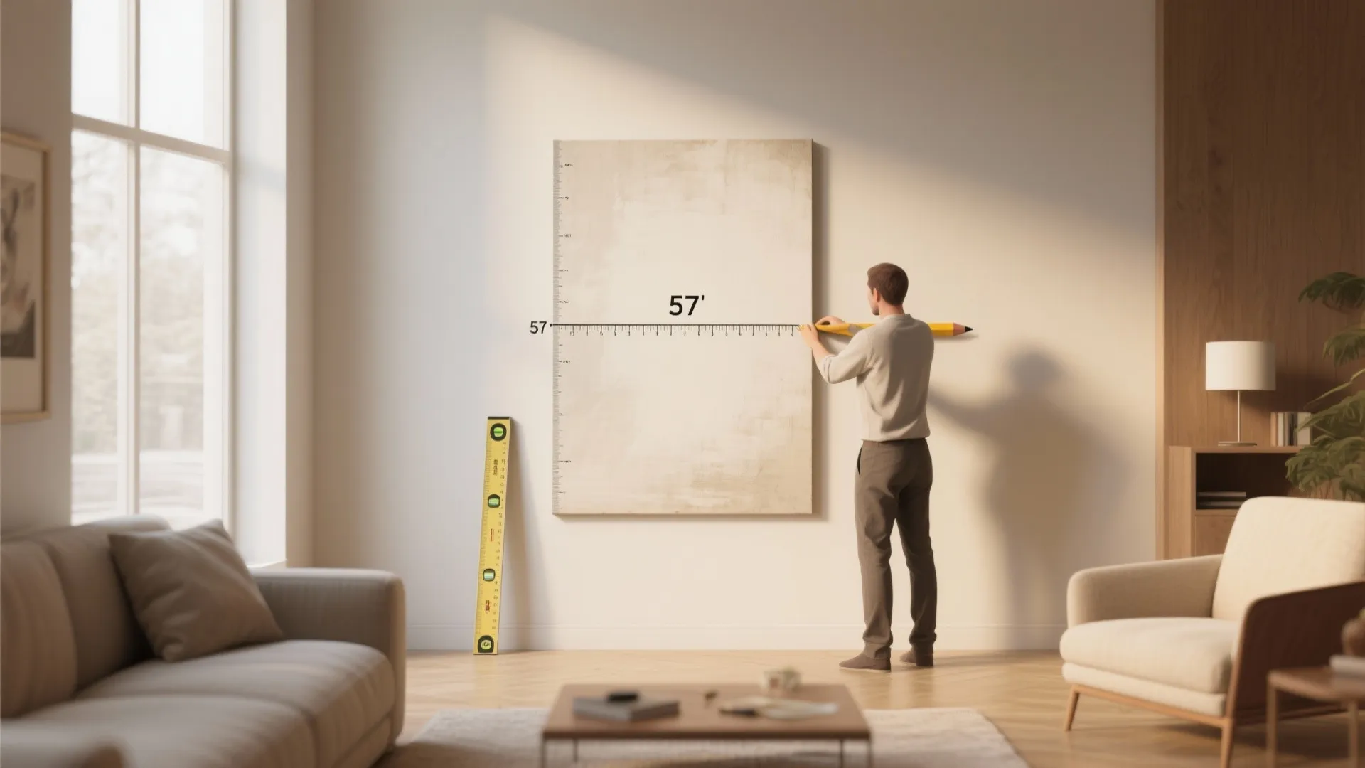 Man measuring a wall with a ruler to hang a canvas at fifty seven inches
