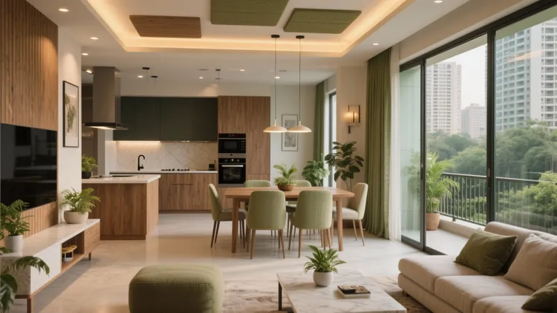 Modern Open-Plan Living & Dining Space with Green Accents