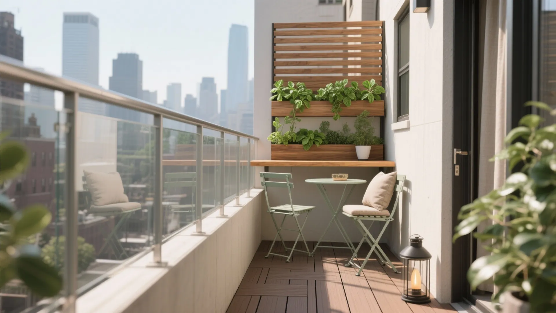 Small balcony with a bistro table set wood wall panel with plants and city view background