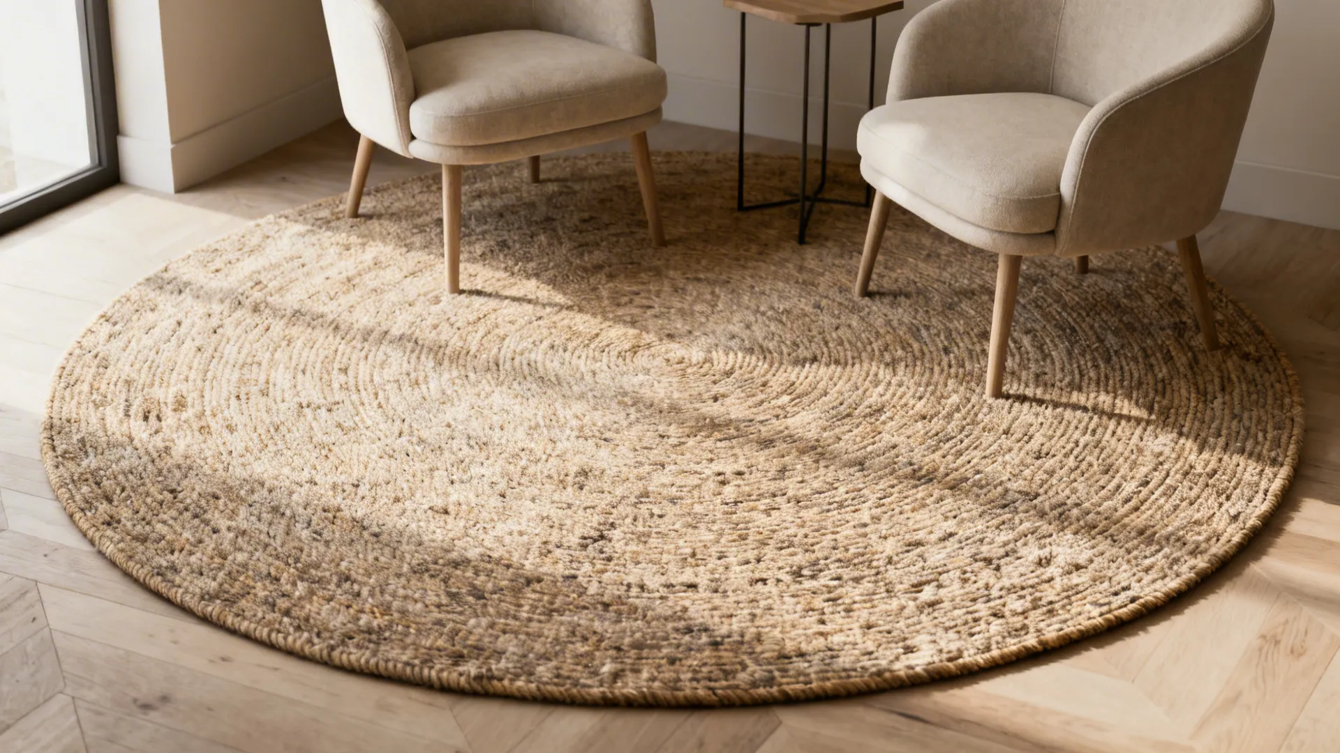 Small conversation nook with a 5-foot round rug, two chairs and a side table.