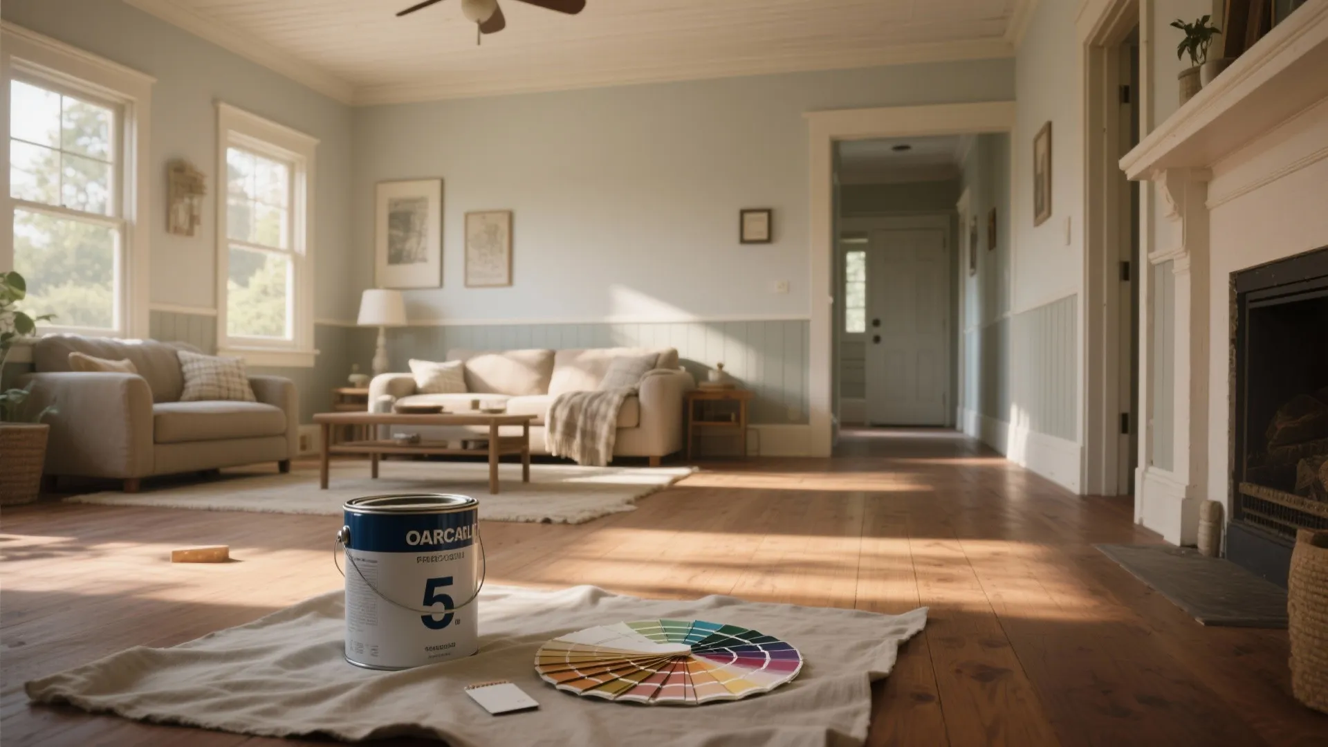 Living room with light blue wall panel and paint can with color wheel on floor