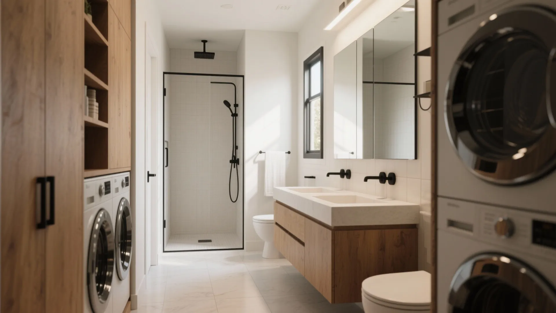 Modern laundry room bathroom combination with washing machines wooden vanity sink and glass shower area