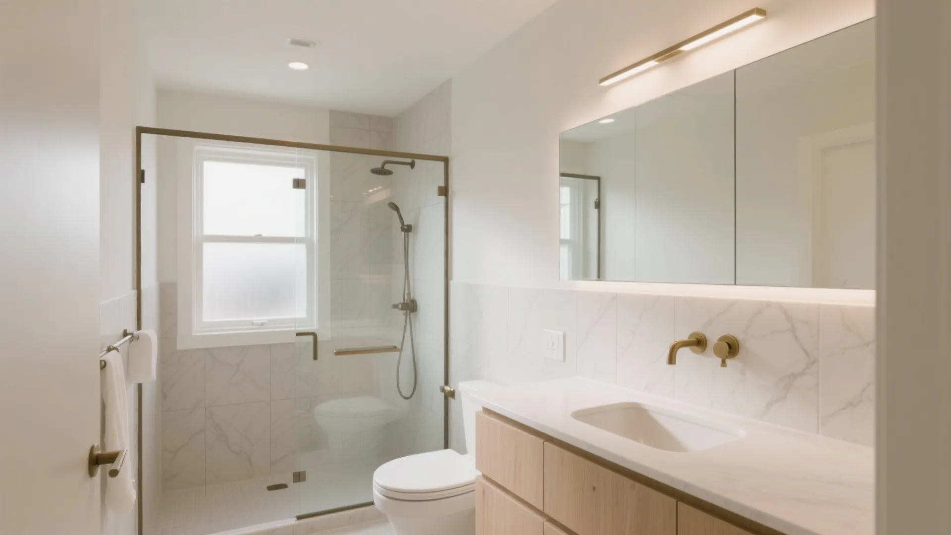 Modern bathroom with glass shower door marble wall tiles wooden cabinet white sink and wall mirror