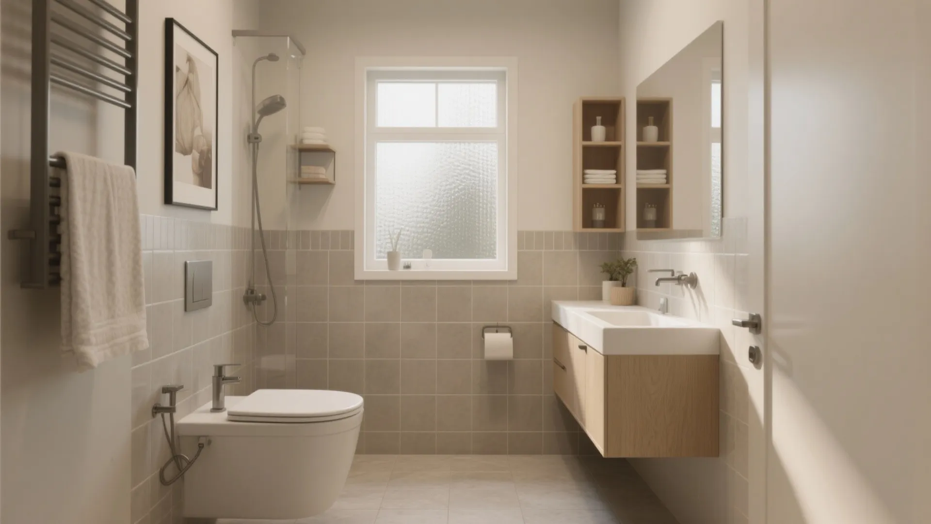Clean bathroom layout with white toilet wood vanity glass shower small window and grey tiles