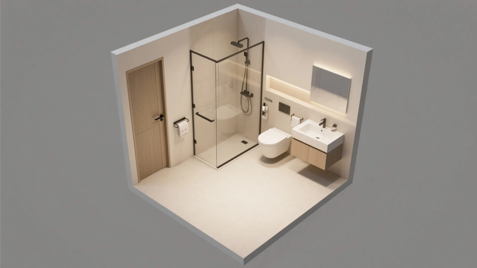 Modern bathroom interior design drawing with glass shower toilet white sink and wooden door view