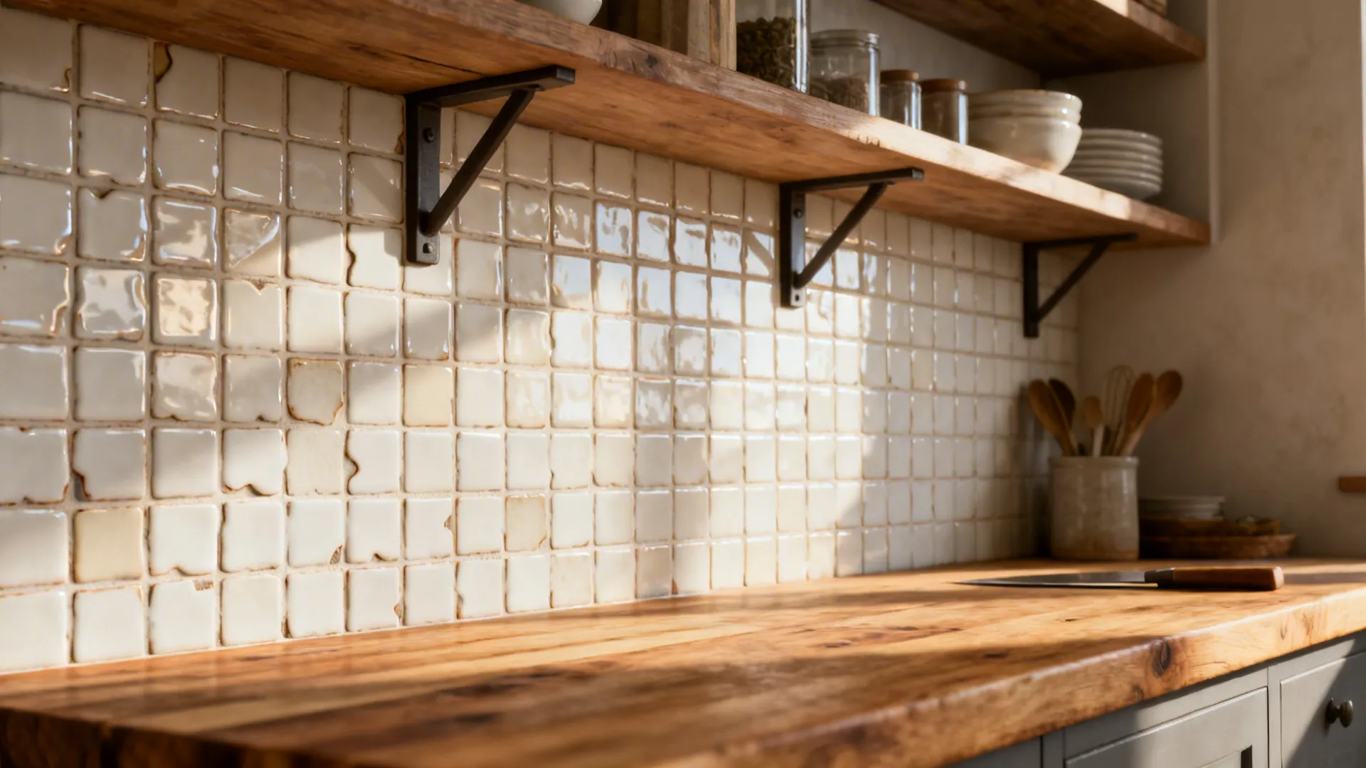 5x5 square tile backsplash with soft gloss and bone grout in a micro-kitchen with open shelves.