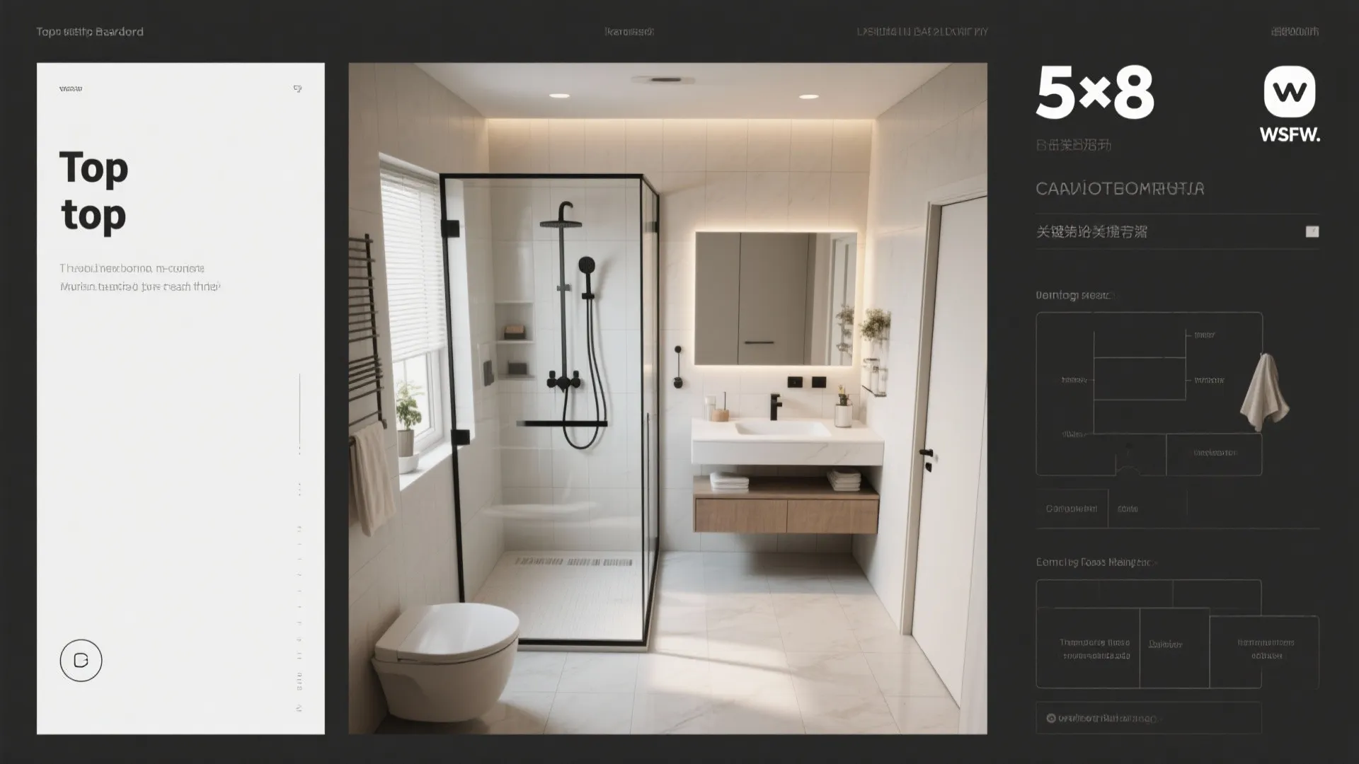 Top-down summary of a 5x5 bath plan showing glass panel, floating vanity, large tiles, layered lighting, and pocket door.