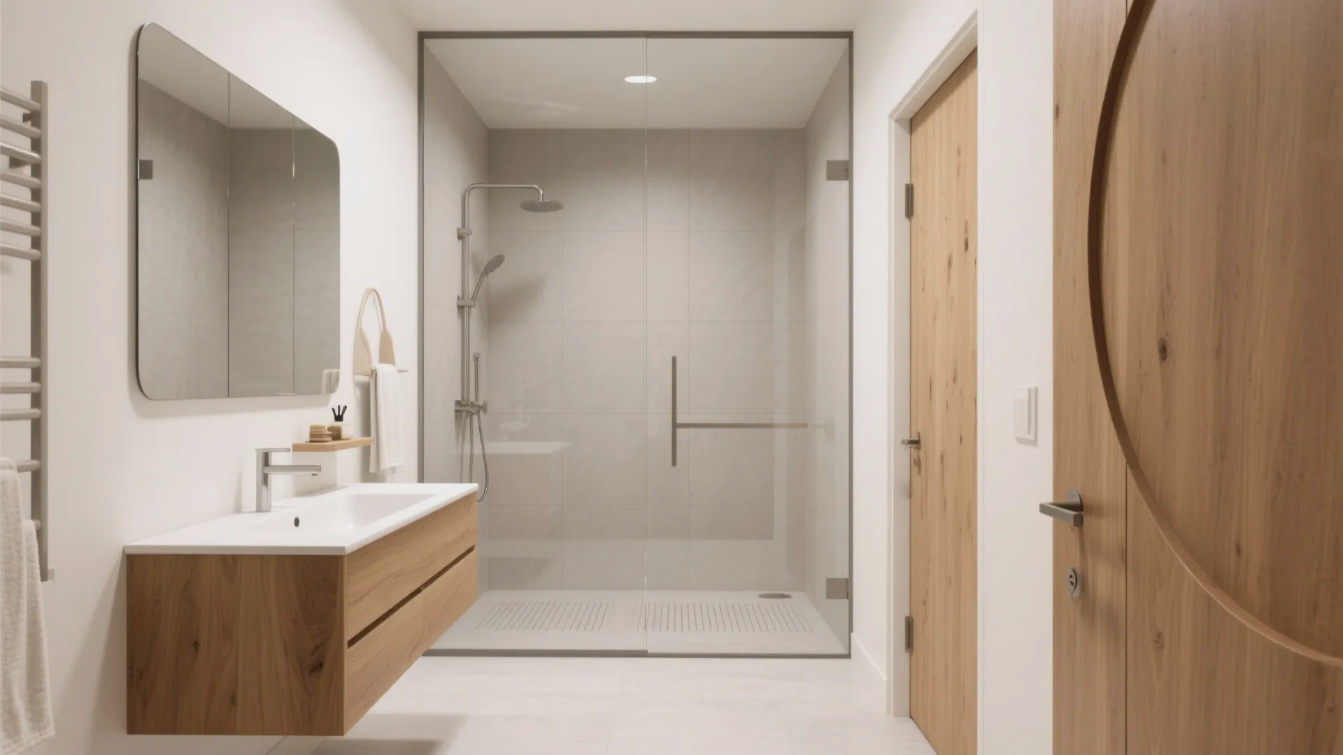 Modern bathroom interior featuring wood vanity mirror glass shower wall and wooden door with handle