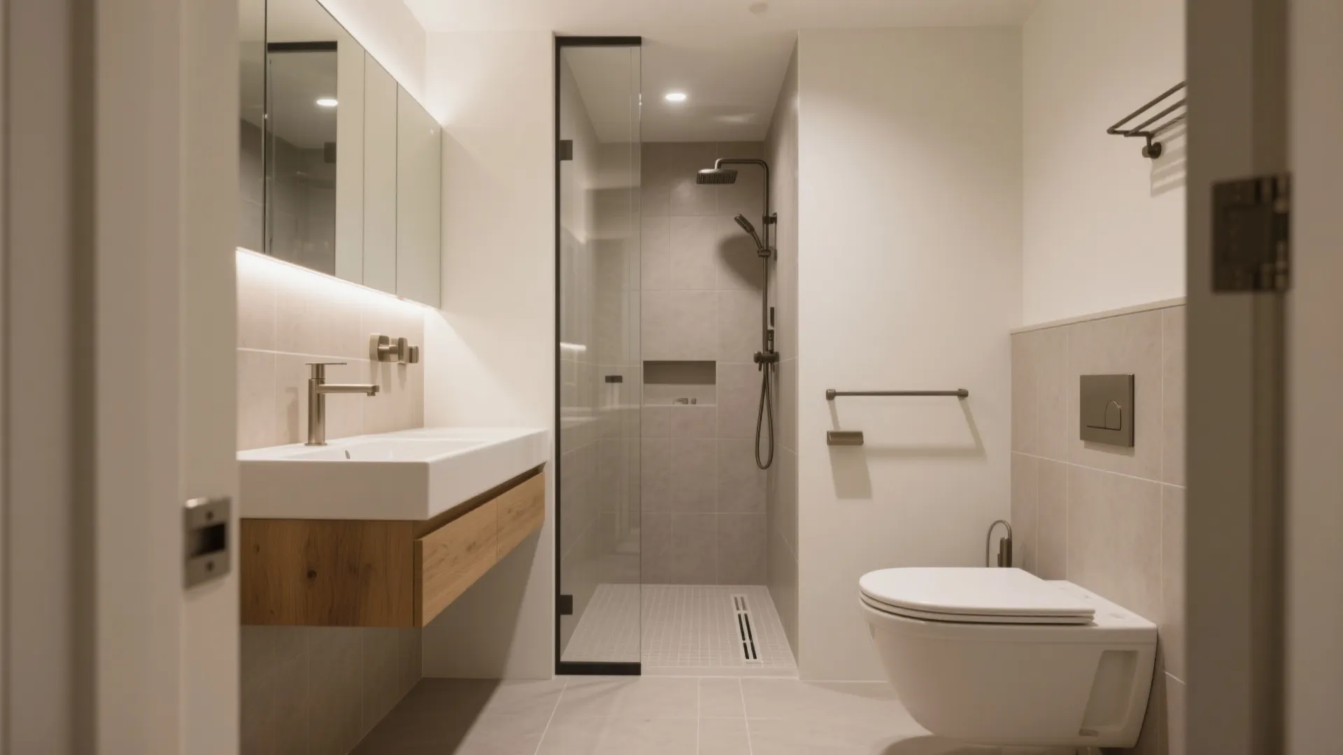 Small modern bathroom with floating wood cabinet white sink glass shower door and white toilet